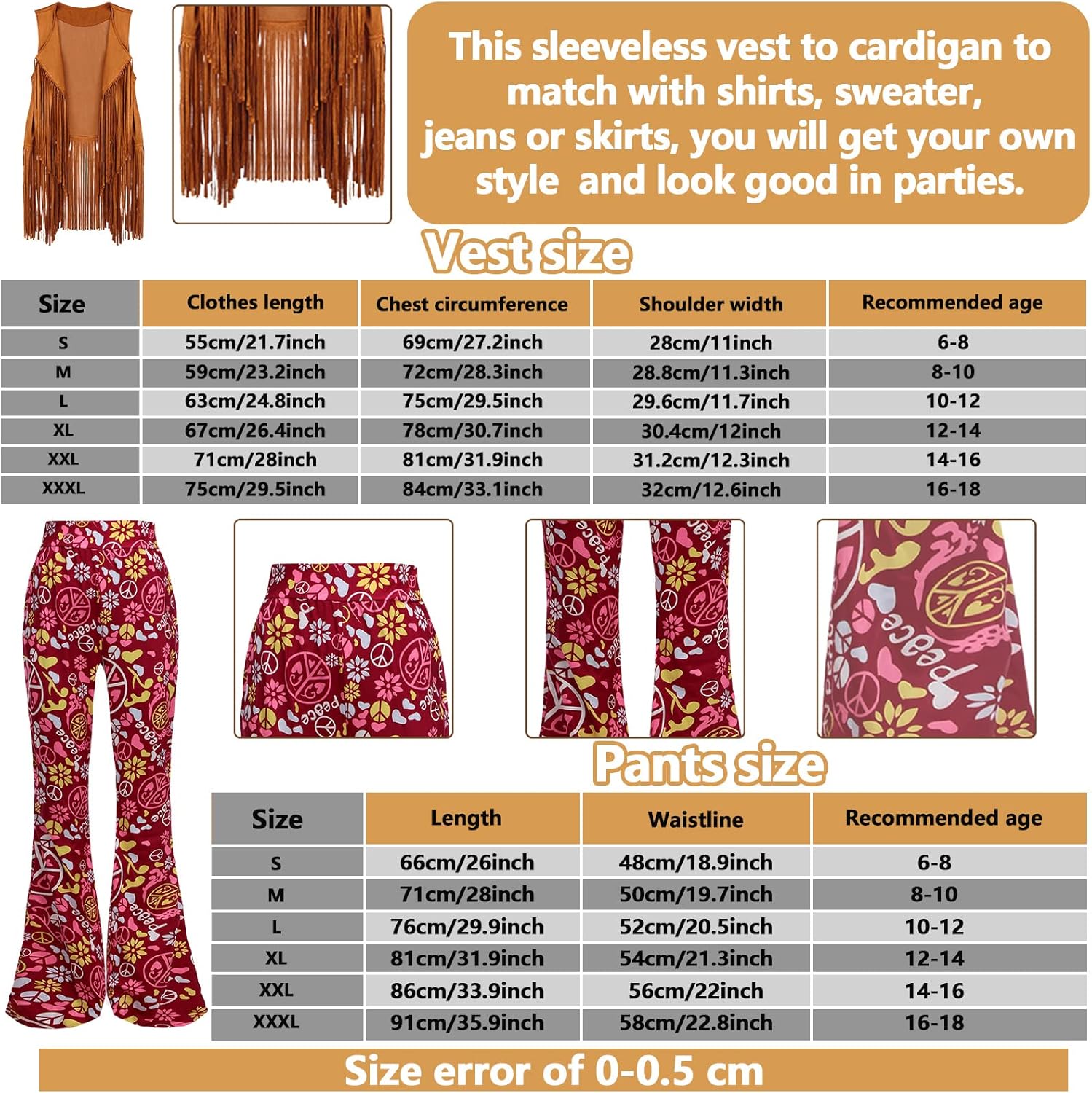 Jenaai 7 Pcs Kids 60s 70s Hippie Outfits for Girls Costume Set Boho Flared Pants Hippie Outfits Accessories Set