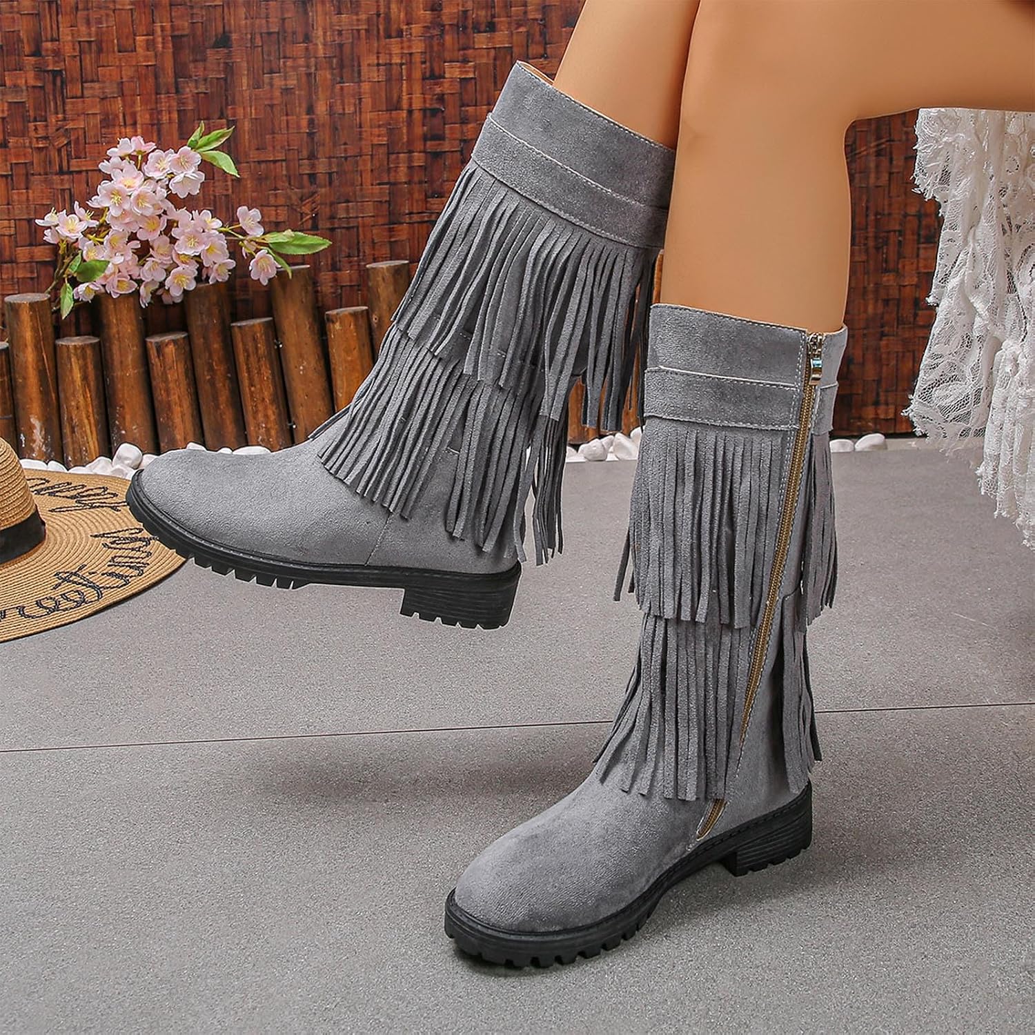 Knee High Boots for Women:Fashion Tassel Fall Winter Warm Wide Calf Booties Round Toe Flat Hiking Outdoor Workout Footwear Snow Shoes