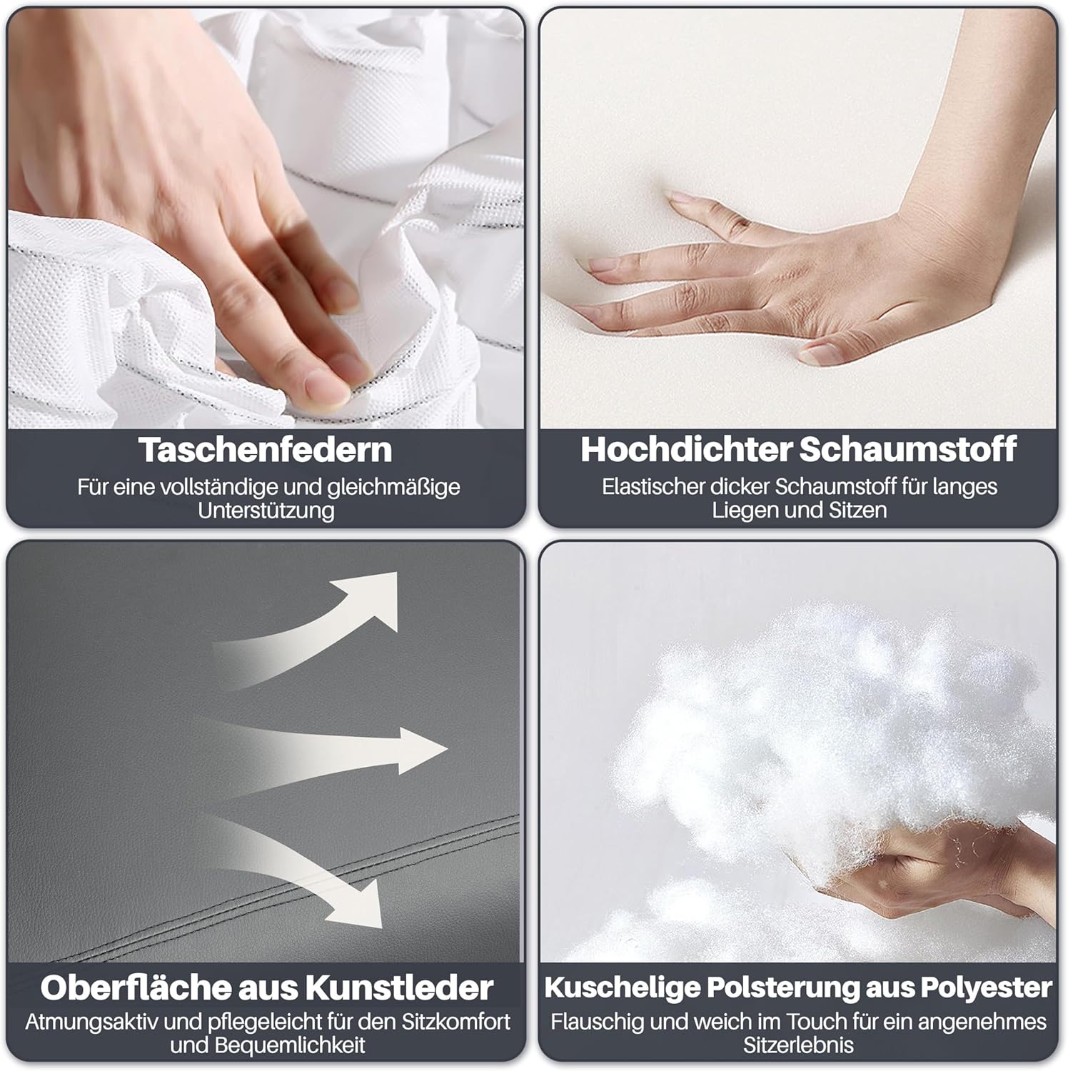 Детальний view of the internal construction materials including pocket springs, high-density foam, faux leather surface, and polyester padding