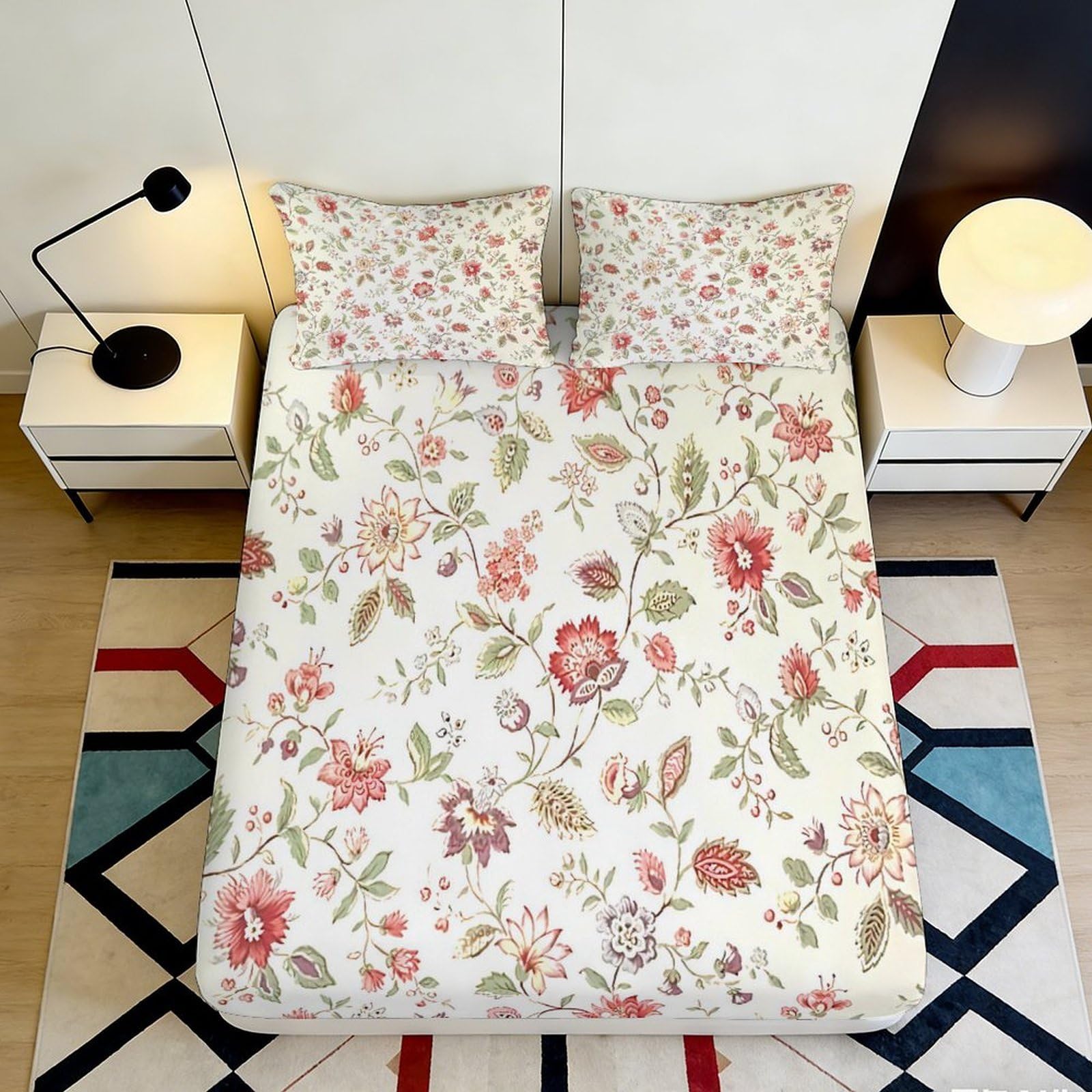 3D Printed Vintage Floral Fitted Sheet Microfiber Soft Breathable Botanical Blossom Mattress Cover Anti-slip for Bedroom Guest Room 160x200x25cm