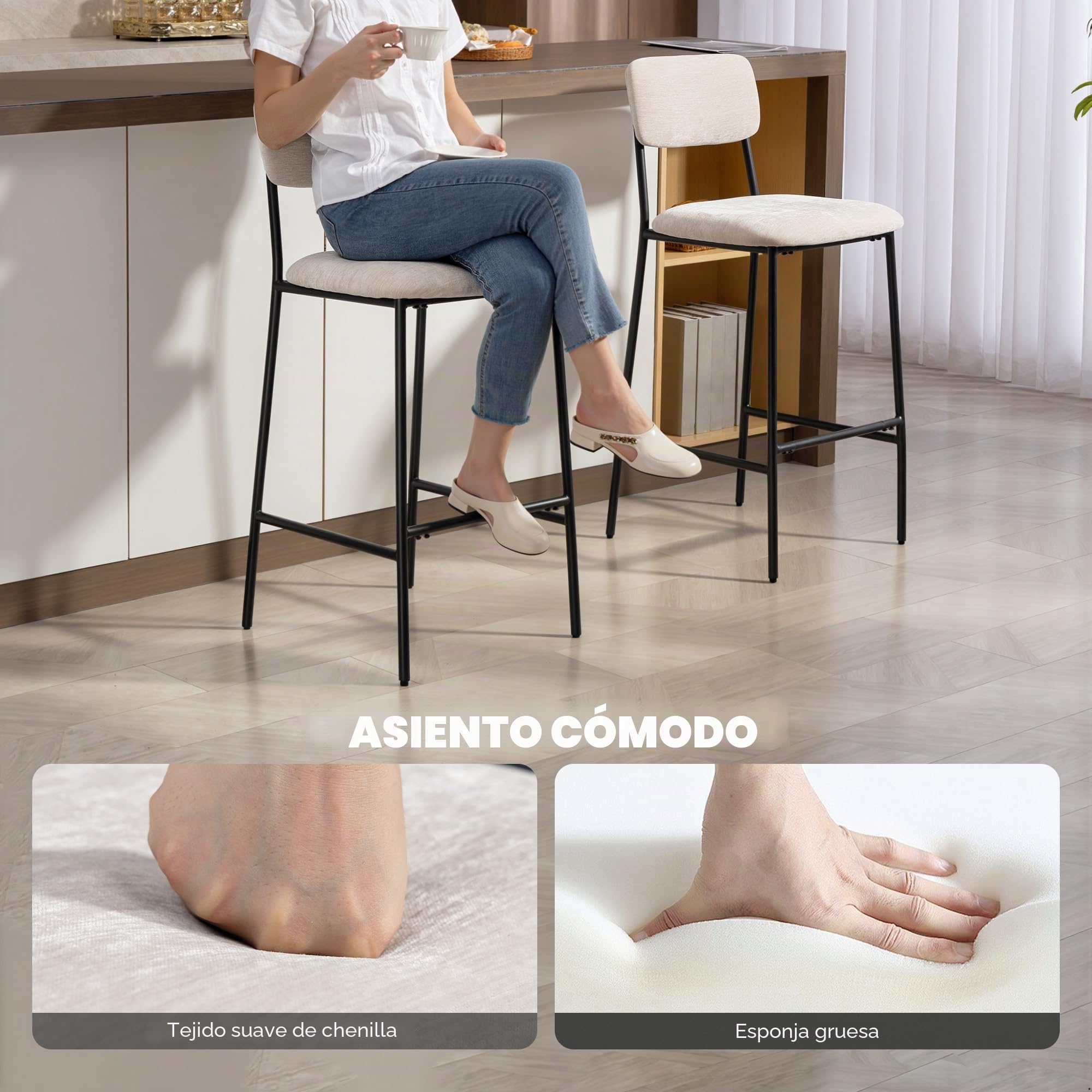 HOMCOM Set de 2 Taburetes de Bar y Cocina Altos, Respaldo Alto, Crema