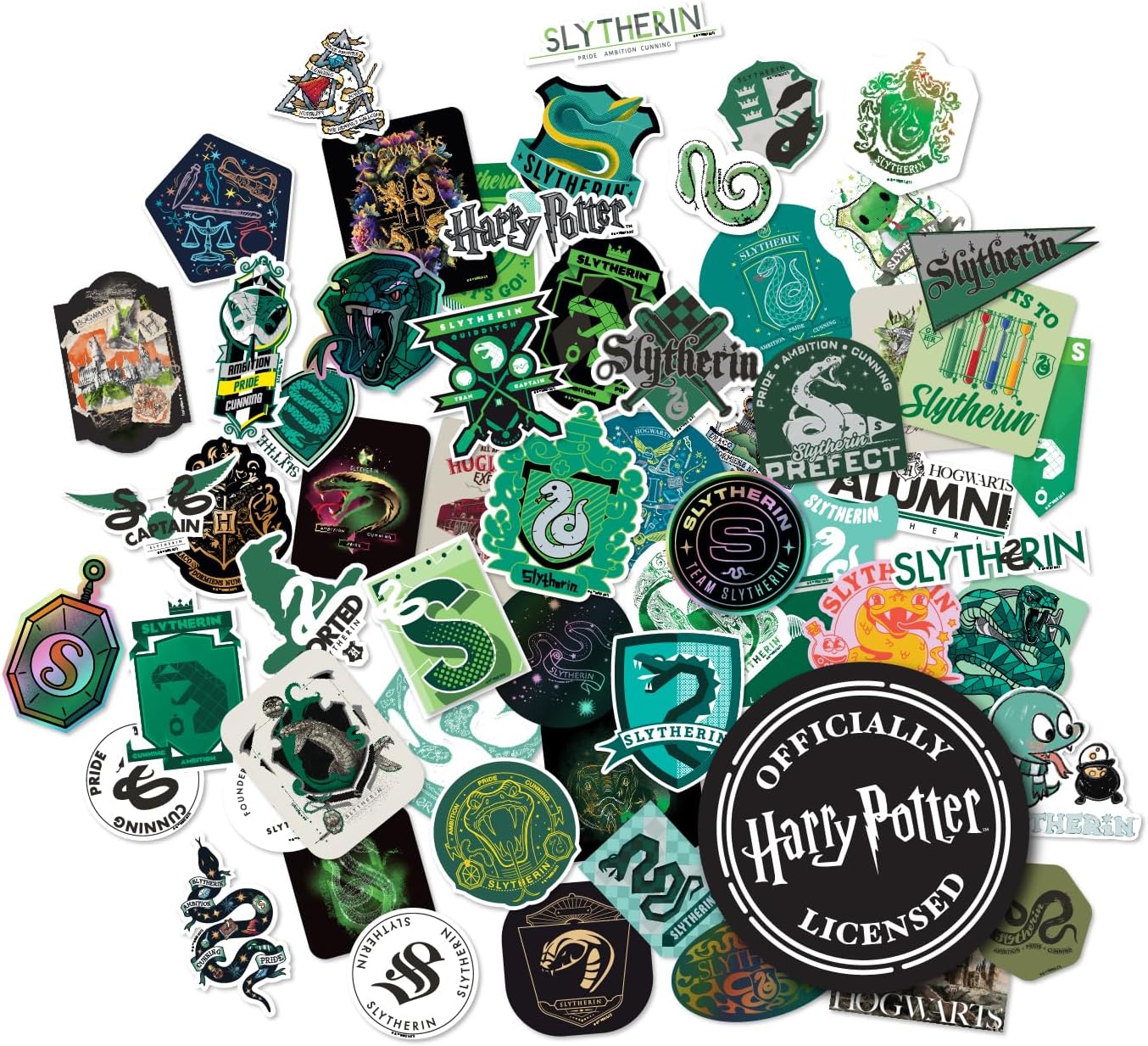 CON*QUEST Journals Harry Potter Slytherin Vinyl Stickers, Unique Stickers Including Holograms, Waterproof and UV Resistant, Great for All Your Gadgets, Potterfy All The Things (60 Pack)