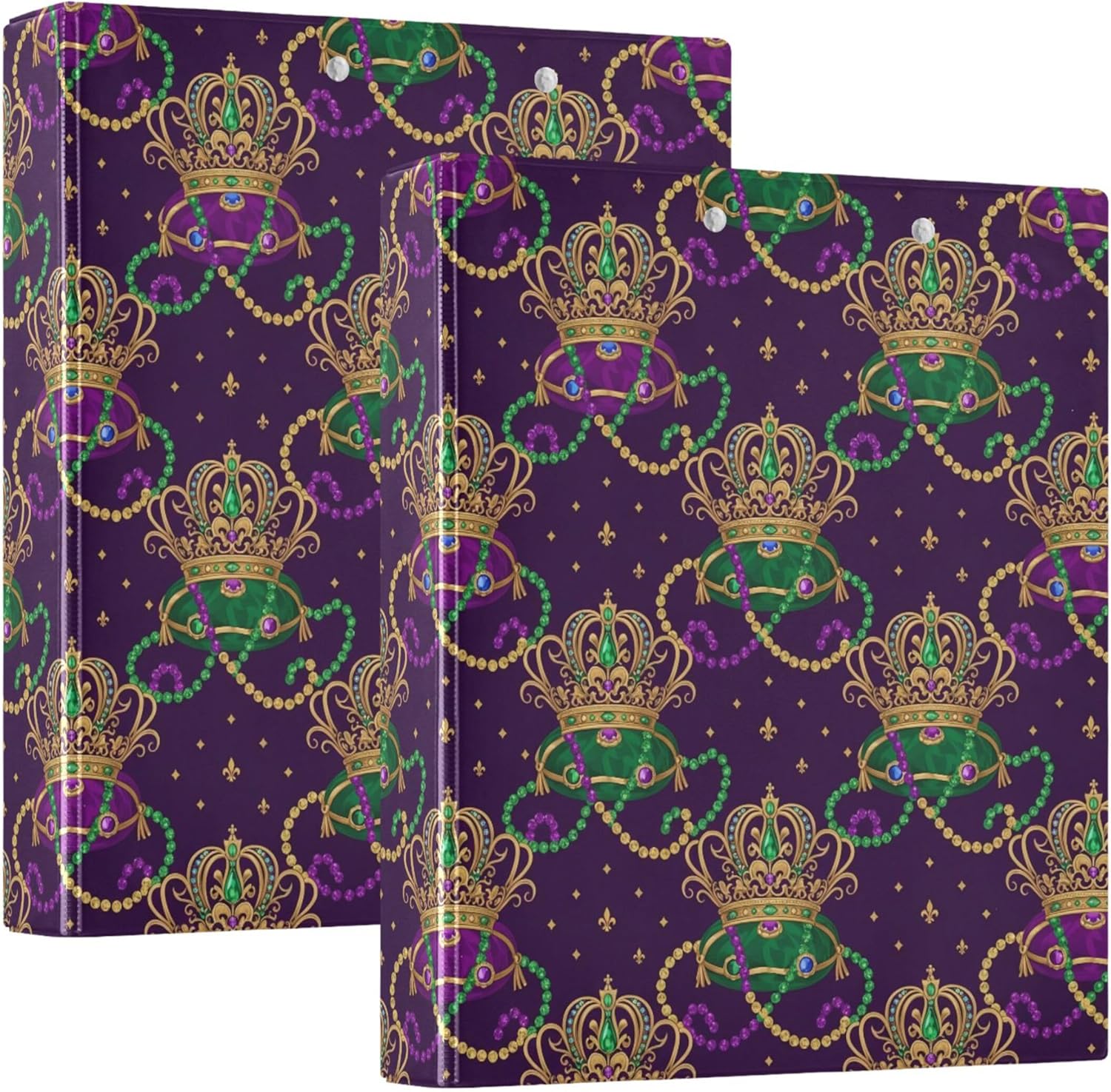 Mardi Gras Crown 3 Ring Binders, 1.5” Round Ring Binders with Clipboard - Letter Size, 3 Interior PVC Clear Pockets & Anti-Slip Clip for Office School Supplies, 2PCS