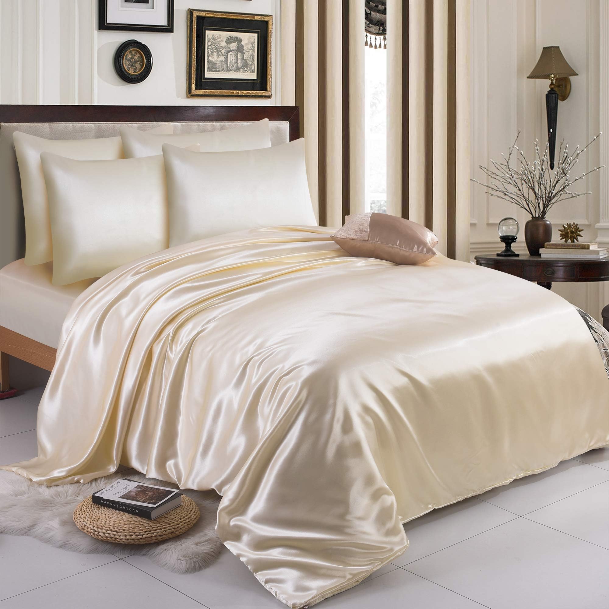 6 piece-Satin sheets Soft bedding shiny silky bedding sets - duvet cover, Fitted sheet set, 4 pillowcases, complete bed sheet set