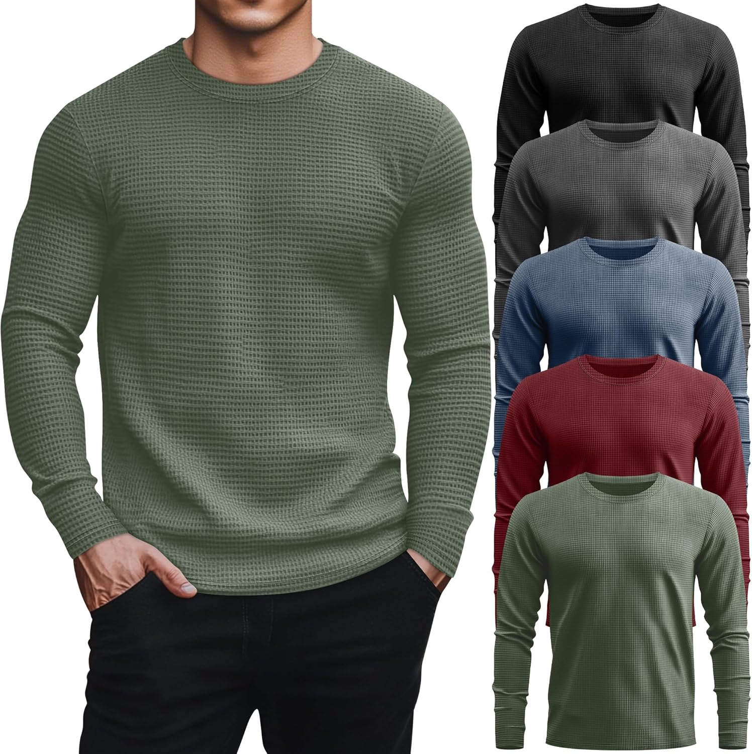5 Pack Thermal Waffle Shirts for Men, Crew Neck Long Sleeve Casual Pullover Underwear Textured Knit Tops 5 Pack Thermal Waffle Shirts for Men, Crew Neck Long Sleeve Casual Pullover Underwear Textured Knit Tops