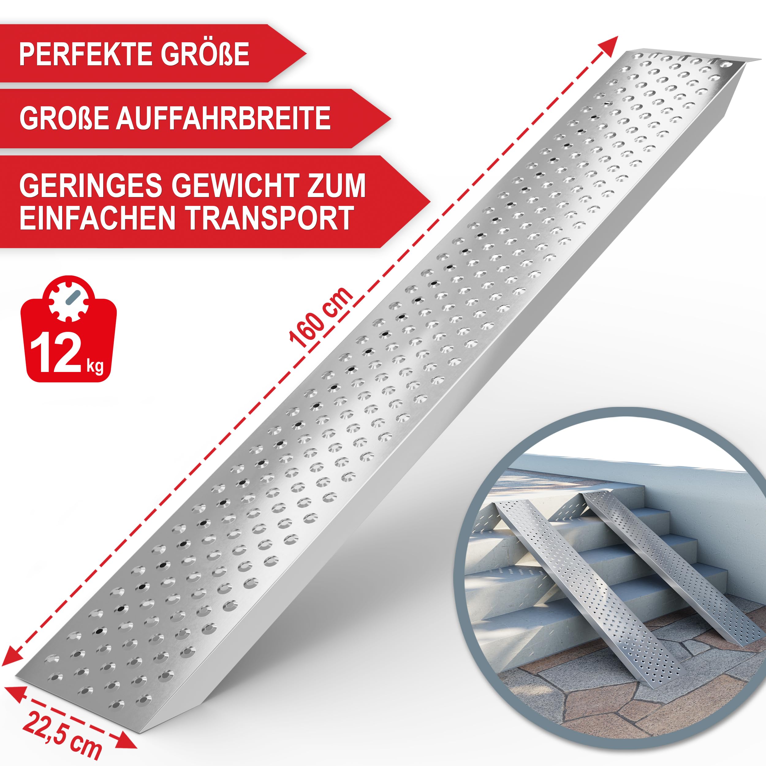 ONBEST Auffahrrampen 2x200 kg – 160 cm mit Spanngurten | 2 Auffahrschienen 22,5x160 cm für Anhänger und Auto – Laderampe in Silber inkl. 2 Spanngurte 25 mm x 4 m