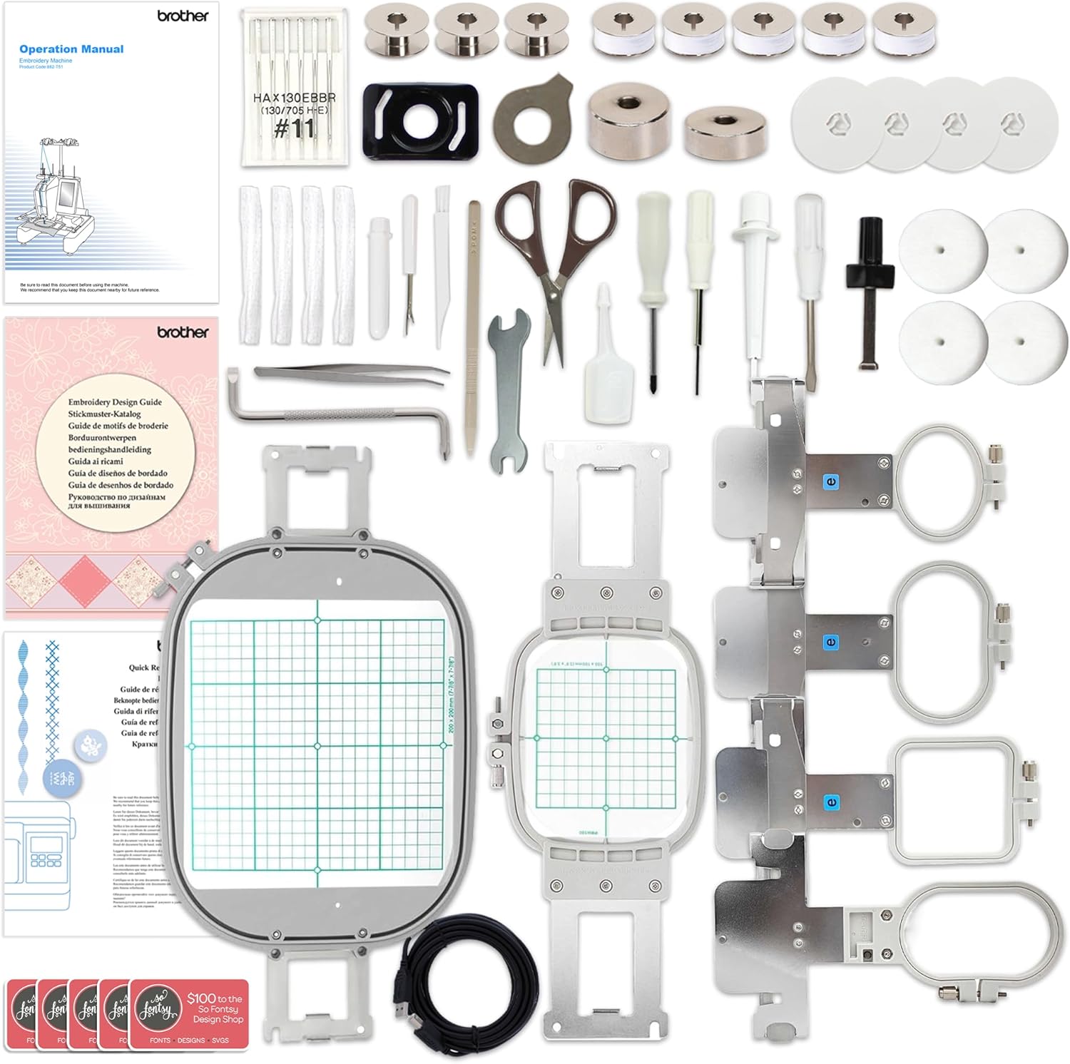 Brother Persona PRS100 Single-Needle Embroidery Machine with Deluxe Accessories, 6 Hoops & 240 Embroidery Thread Spools Bundle