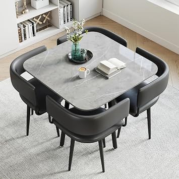 Square Dining Table and Chairs Set 4, 5 Pieces Sintered Stone Kitchen Table with 4 PU Leather Chairs for Dining Room Apartment Small Space, Space-saving, Grey Marble Tabletop