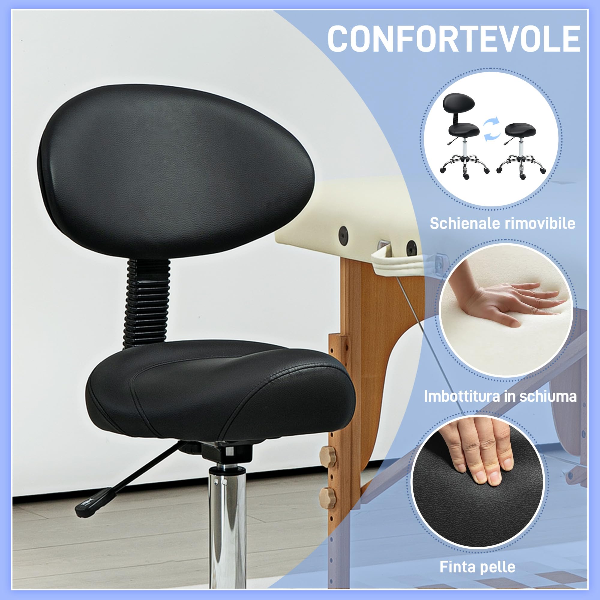 HOMCOM Taburete Giratorio con Ruedas y Respaldo Extraíble, Taburete de Trabajo con Altura Regulable 83-98 cm, Asiento Tapizado de Cuero Sintético, Negro