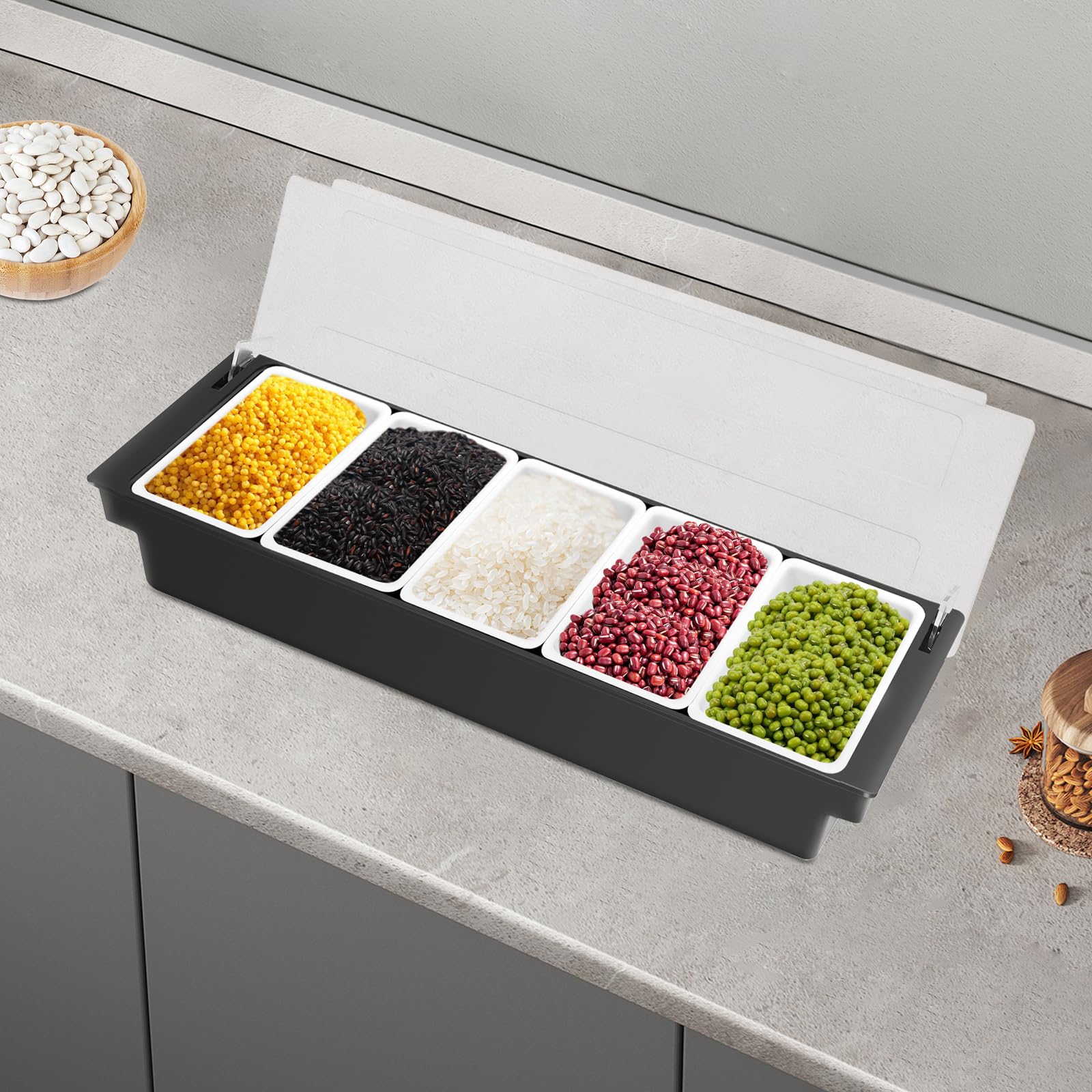 5 compartiments - Récipient à épices amovible et réutilisable - Distributeur d'épices - Boîte à fruits - Présentoir avec couvercle - Station à pizza - Station de cuisson pour restaurant, maison