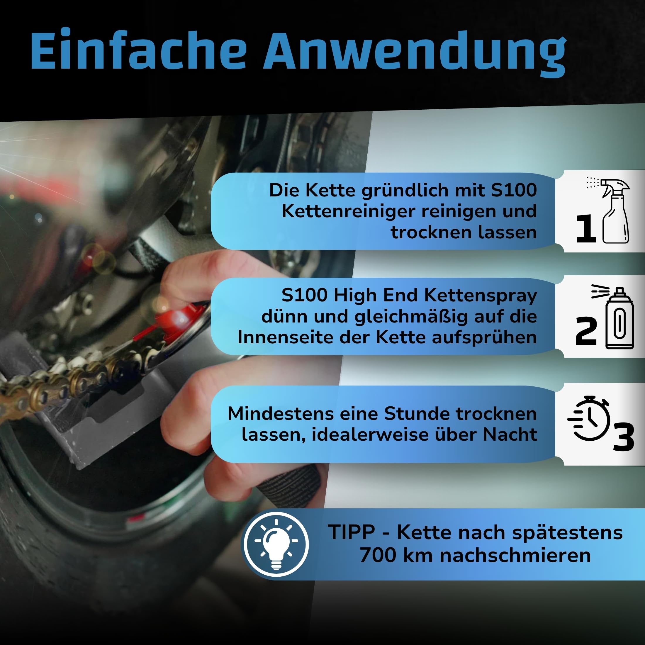 DR. WACK S100 HIGH END Kettenspray 300 ml - Kettenschmierstoff für hohe Belastungen - Effektiver Schutz vor Verschleiß - für alle Motorradketten geeignet - Hochwertige Motorradpflege