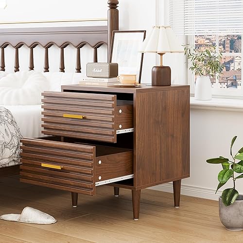 Miniatura 4 de Alohappy Juego de 2 mesitas de noche modernas de mediados de siglo, mesita de noche acanalada para dormitorio, mesa auxiliar con cajones de