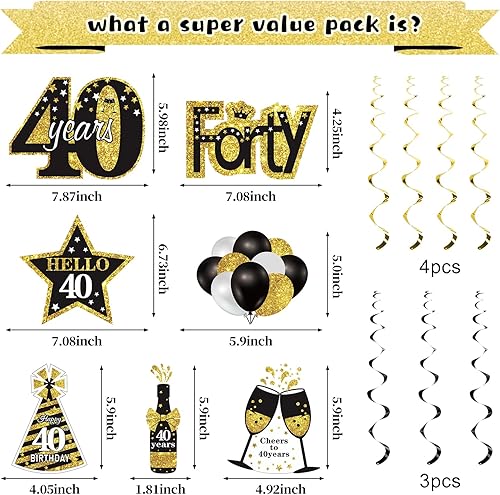 Miniatura 4 de Kit de 32 piezas de decoración de cumpleaños 40 para hombres y mujeres, pancarta de feliz cumpleaños número 40, globos colgantes de remolinos para