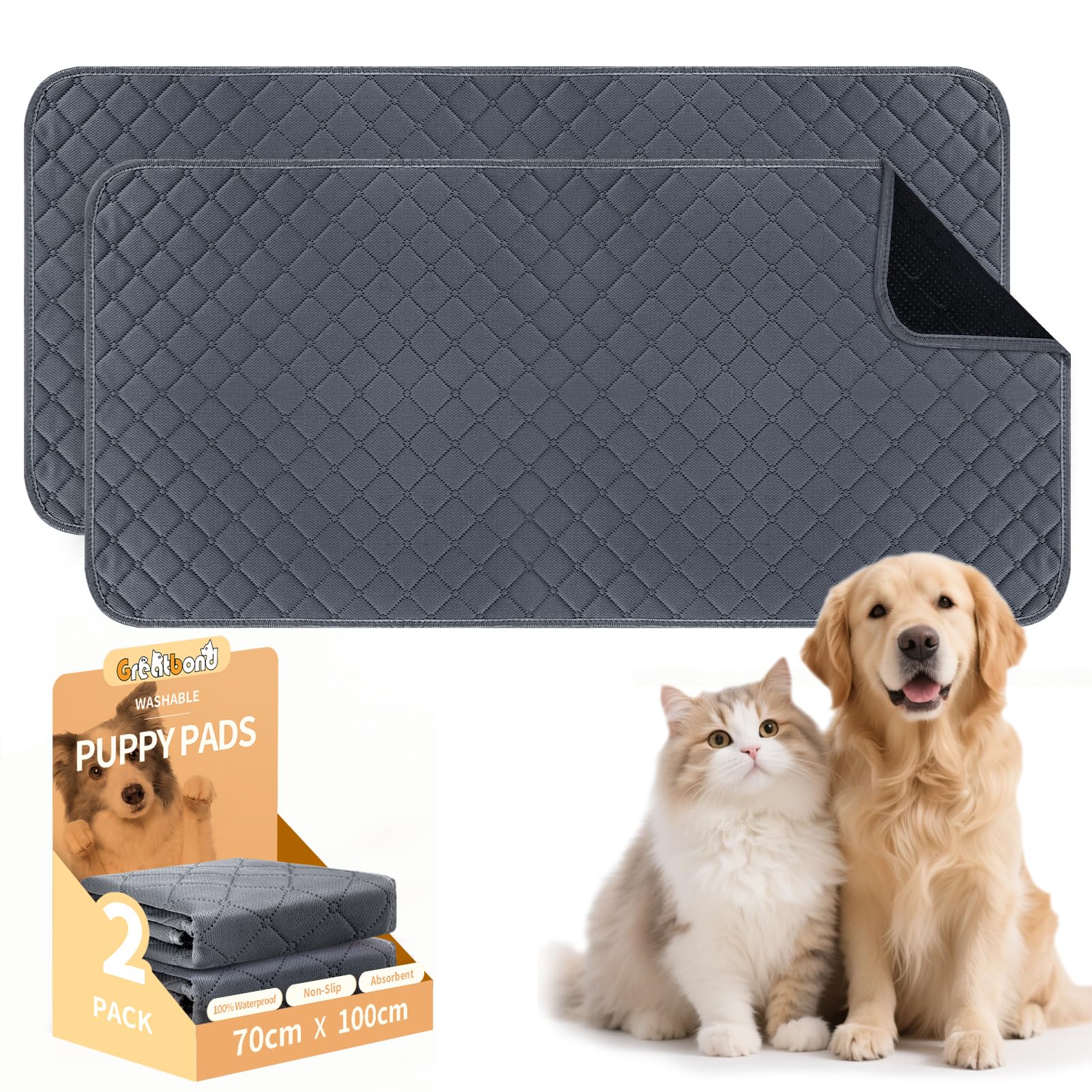 Greatbond Washable Puppy Pads,2 Pack 70x100cm Reusable Pet Training Pads,Super Absorbent Anti-Slip Waterproof Dog Mat for Pee,Fast Drying Potty Training Bed Pads for Playpen, Crate, Floor (Grey)