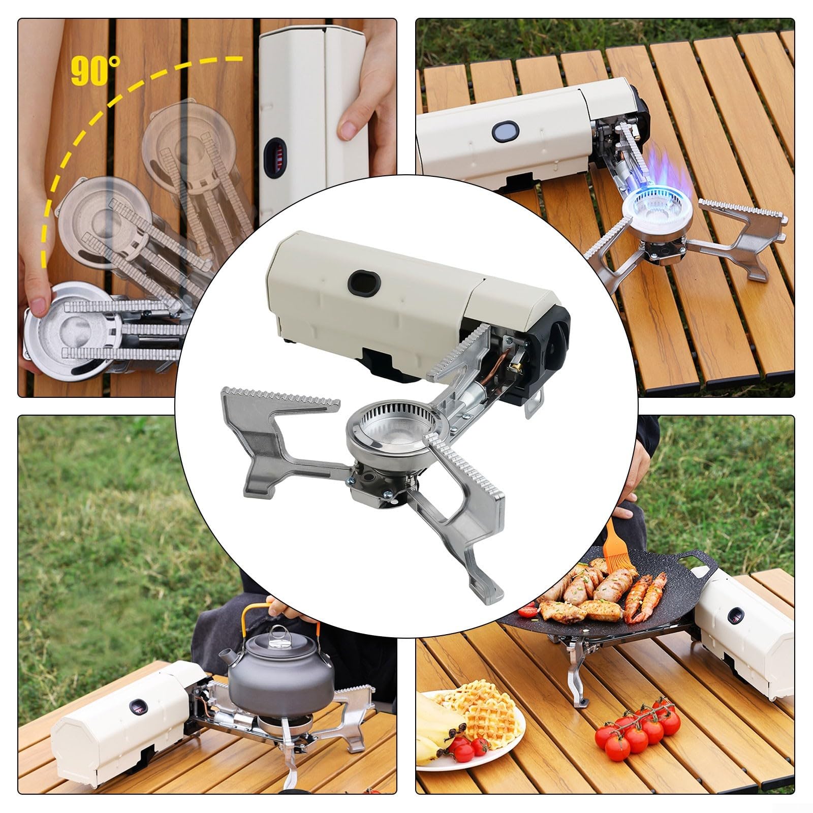 Estufa de gas plegable portátil para camping, quemador de casete de butano de 2600 W con bolsa de transporte para cocinar al aire libre, mochilero, pesca, caqui (metros blanco)