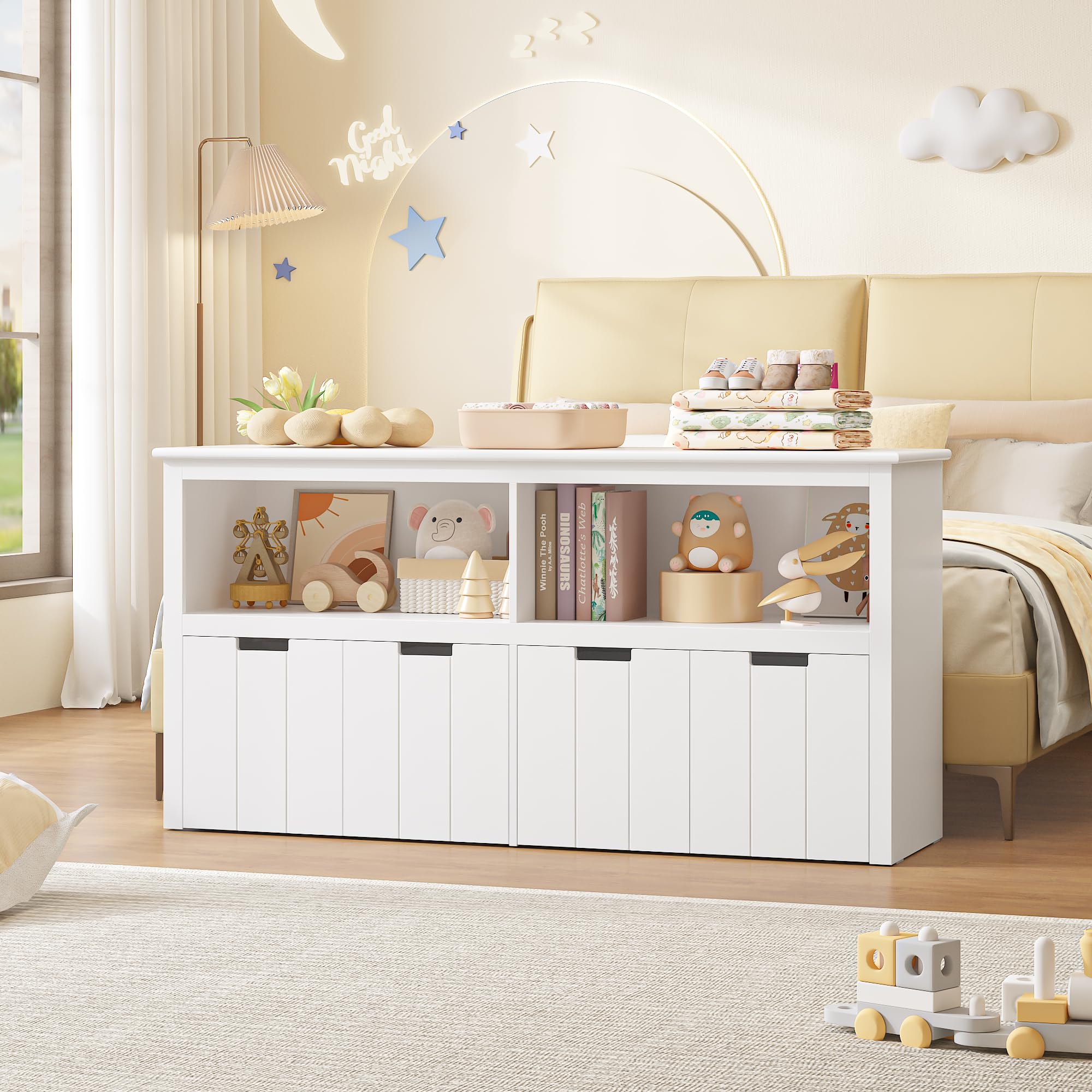 FOREHILL Kinderregal mit Boxen auf Rollen, Spielzeug Aufbewahrung Kinderzimmer Möbel, Spielzeugregal, Kinderschrank, Regal weiß mit 4 Boxen, Aufbewahrungsbox für Kinder 120 x 61,5 x 33cm weiß