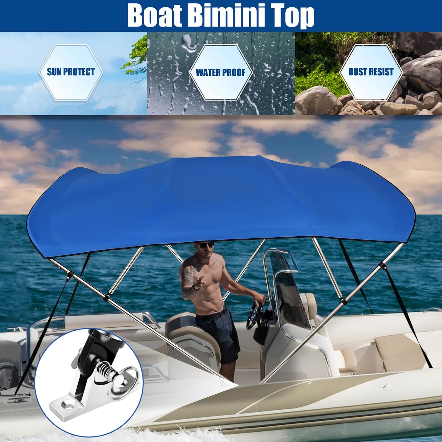 X AUTOHAUX 4 Bow Bimini Top Cover Boat Canopy 600D Canvas Sun Shade Stainless Steel Deck Hinges 8'L x 54" H x 67"-72" W 4 Straps Installation 1" Dia Aluminum Frame Storage Boot Blue