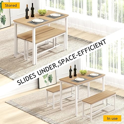 Miniatura 3 de Rovibek Juego de mesa de comedor para 4 personas con 2 bancos, juego de mesa de cocina que ahorra espacio para cocina y comedor, color blanco