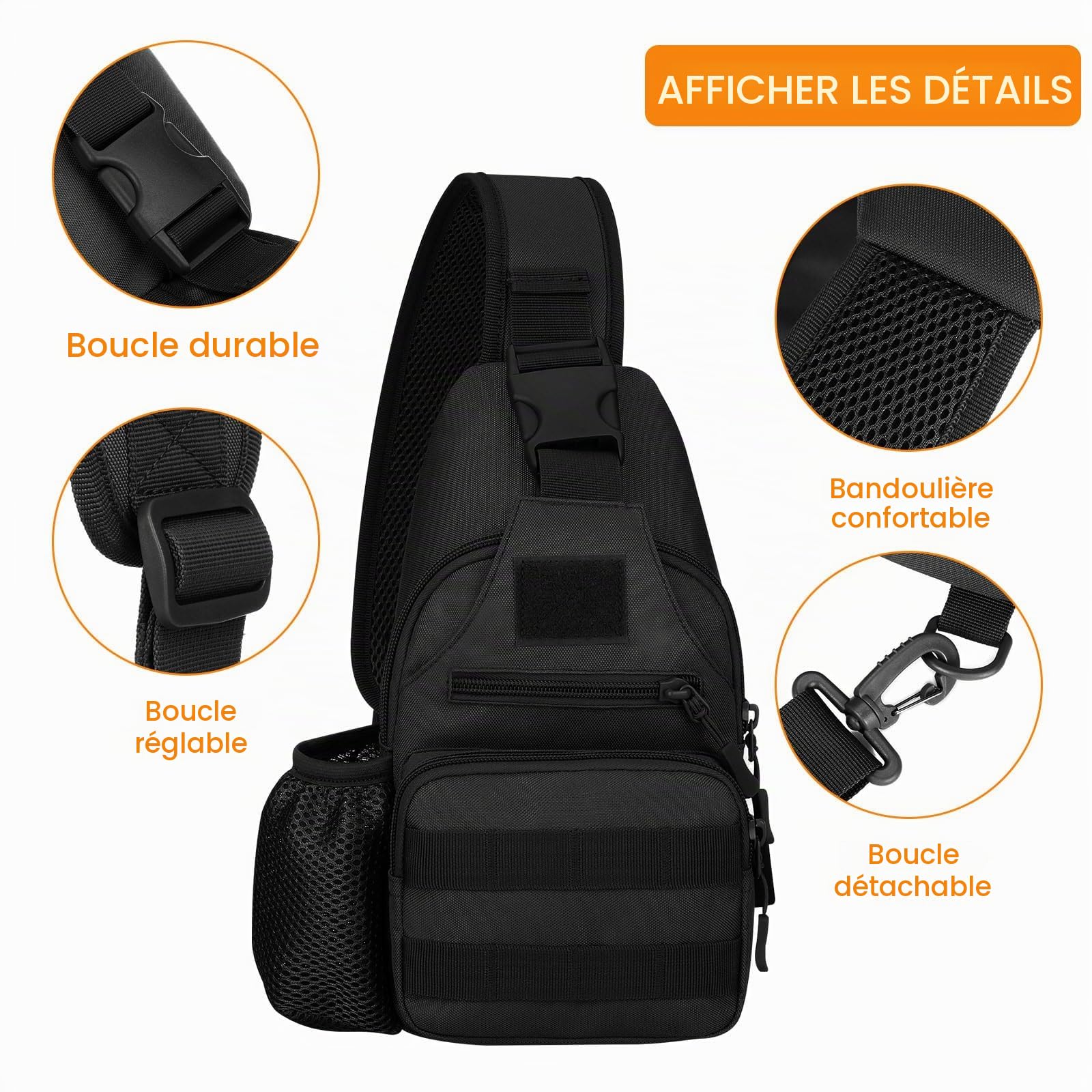 Sac à Bandoulière Tactique Militaire Résistant à l'Eau Sac à Dos Sling MOLLE pour Hommes avec une Bretelle Sac Quotidien avec Porte-Bouteille d'Eau (#01-Noir)