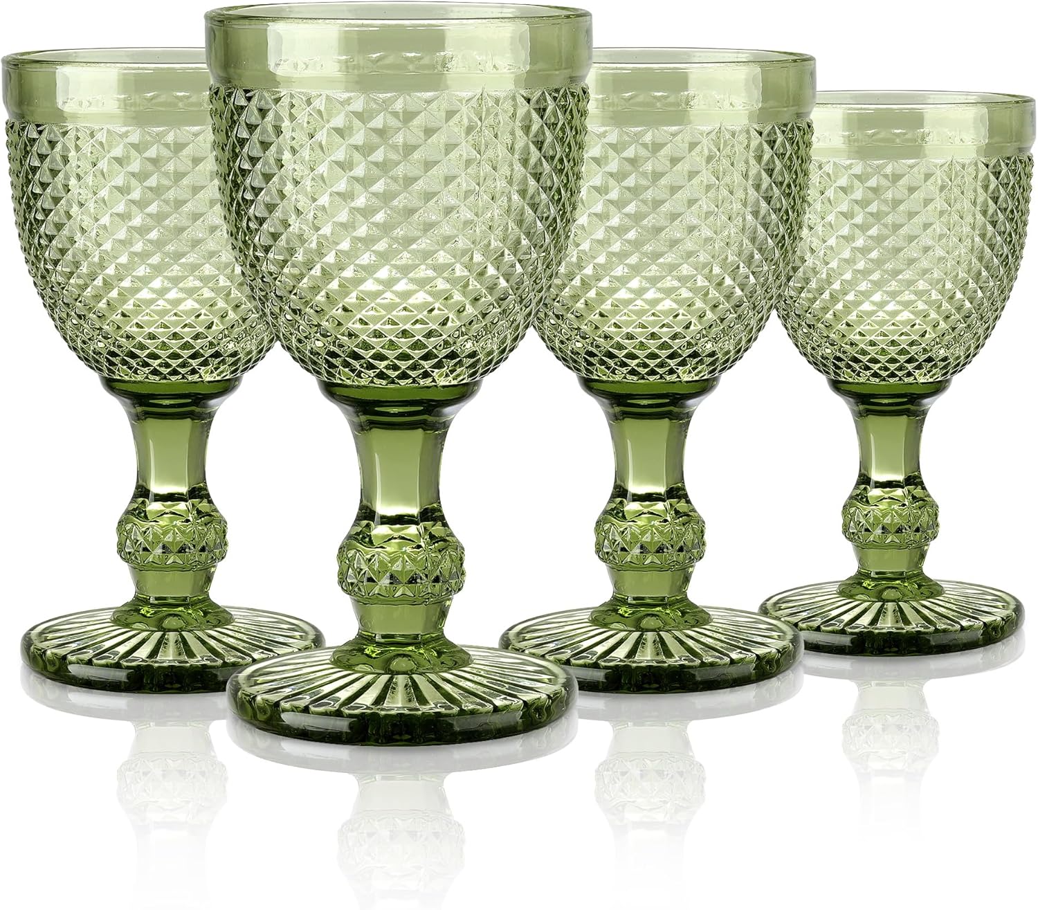 Joeyan Green Vintage Wine Glasses,Colored Embossed Glass Goblets,Stemmed Drinking Glasses Cups with Diamond Design,Glassware Set for Wedding Party Bar,9 oz,Set of 4,Dishwasher Safe