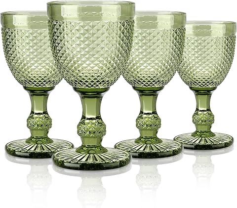 Joeyan Set de 4 Copas de Vino Vintage Verdes, 270ml Copas de Vidrio con Relieve Elegantes, Juego de Copas Vino Colores Retro con Pie,para Lavavajillas,para Fiesta Boda o Bautizo