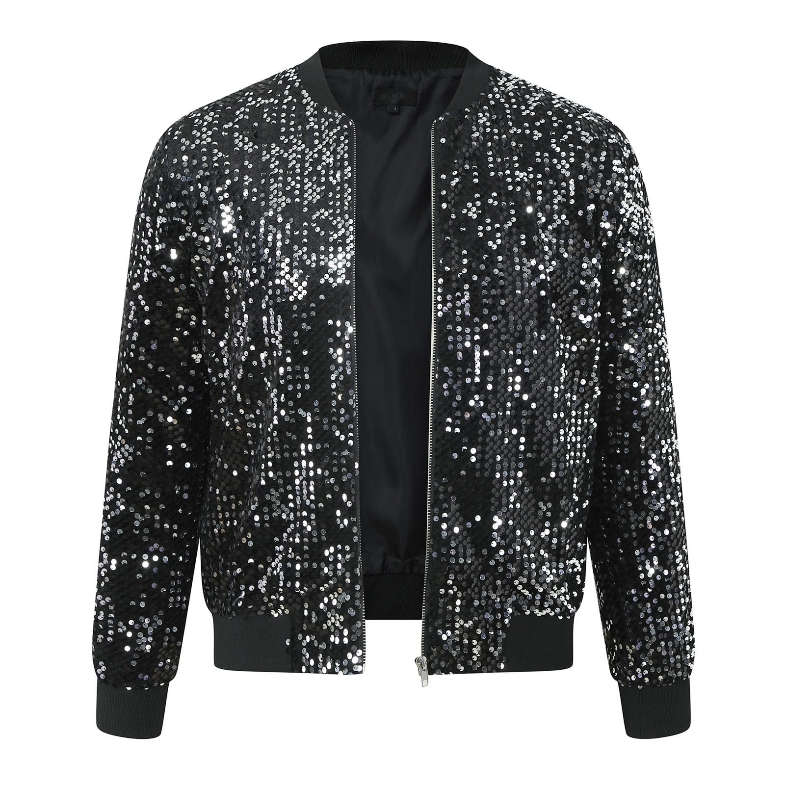 Veste Bomber Paillettes Baseball Homme 70 discothèque fête des années Brillant Pilote Sequins métallisées années Baseball Carnaval Costume homme Blazer paillettes Coupe ajustée Noir doré carnaval