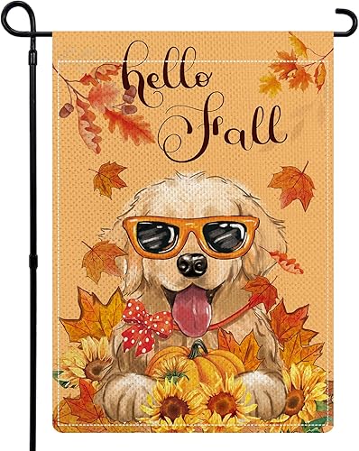 Banderas de jardín con texto en inglés Hello Fall Golden Retriever para exteriores, diseño de girasol, calabaza, perro, bandera de arpillera de