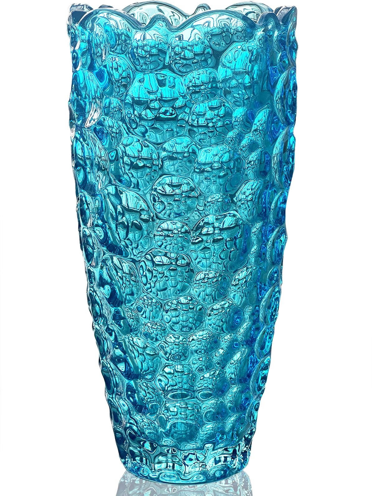 Blue Glass Vase for Flowers, Large Tall Crystal Coloured Flower x, 25cm