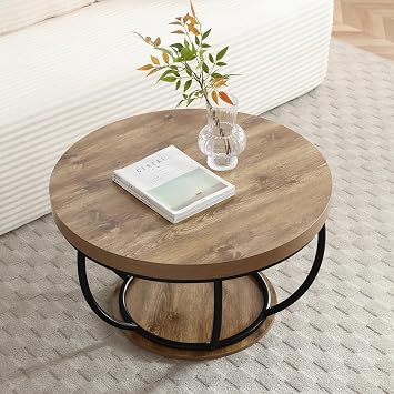 ivoros Round Coffee Table, 31" Circle Coffee Table for Living Room, 2-Tier Wood Coffee Table with Open Storage Shelf, Industrial Accent Center Table for Home Office Apartment Black Leg