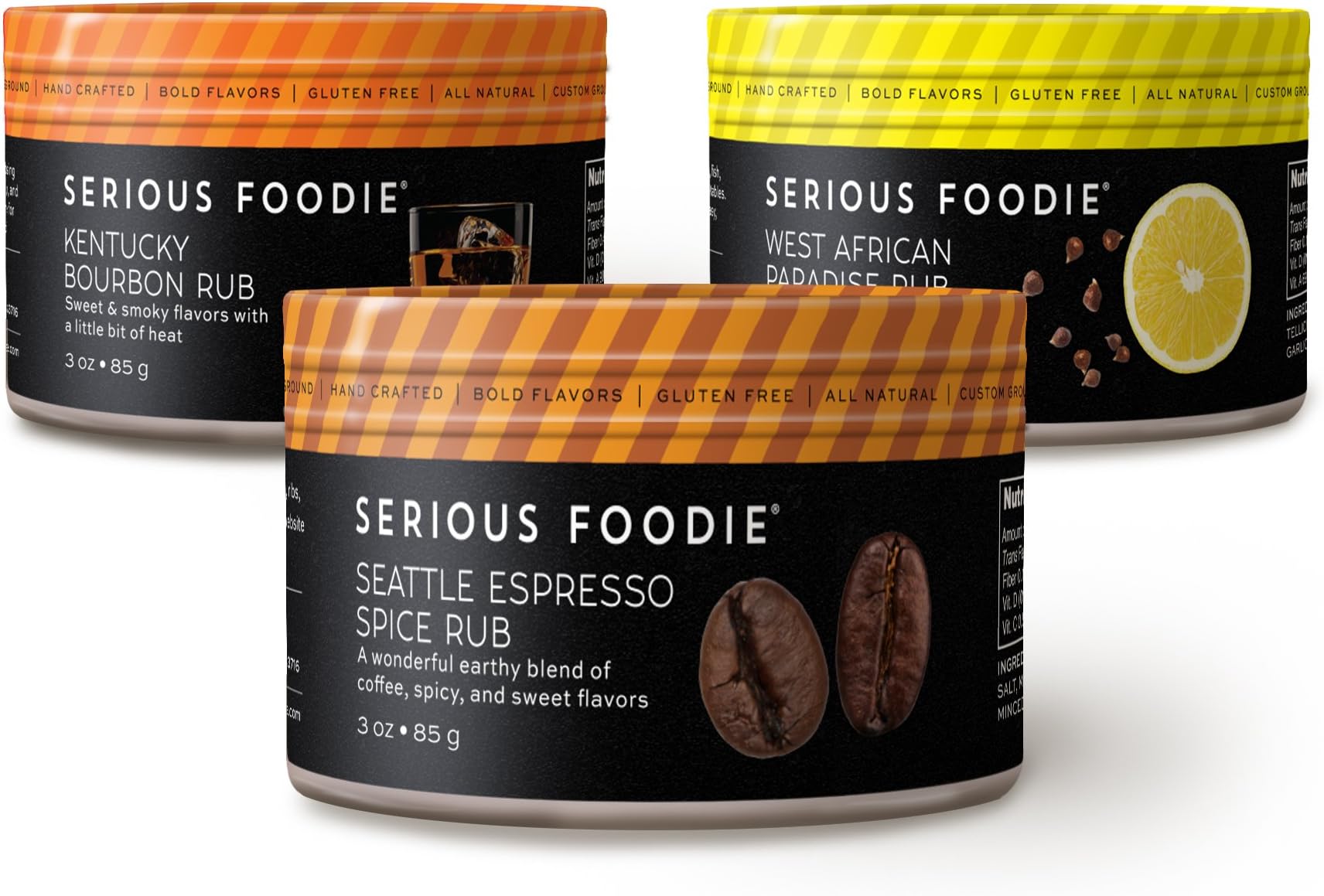 Serious Foodie Gourmet Spice Blends Collection. Season Anything. 3 jars of All Natural Vegan Gluten-Free Soy-free Handcrafted Grilling & BBQ Spice Rubs. A great gourmet gift for foodies
