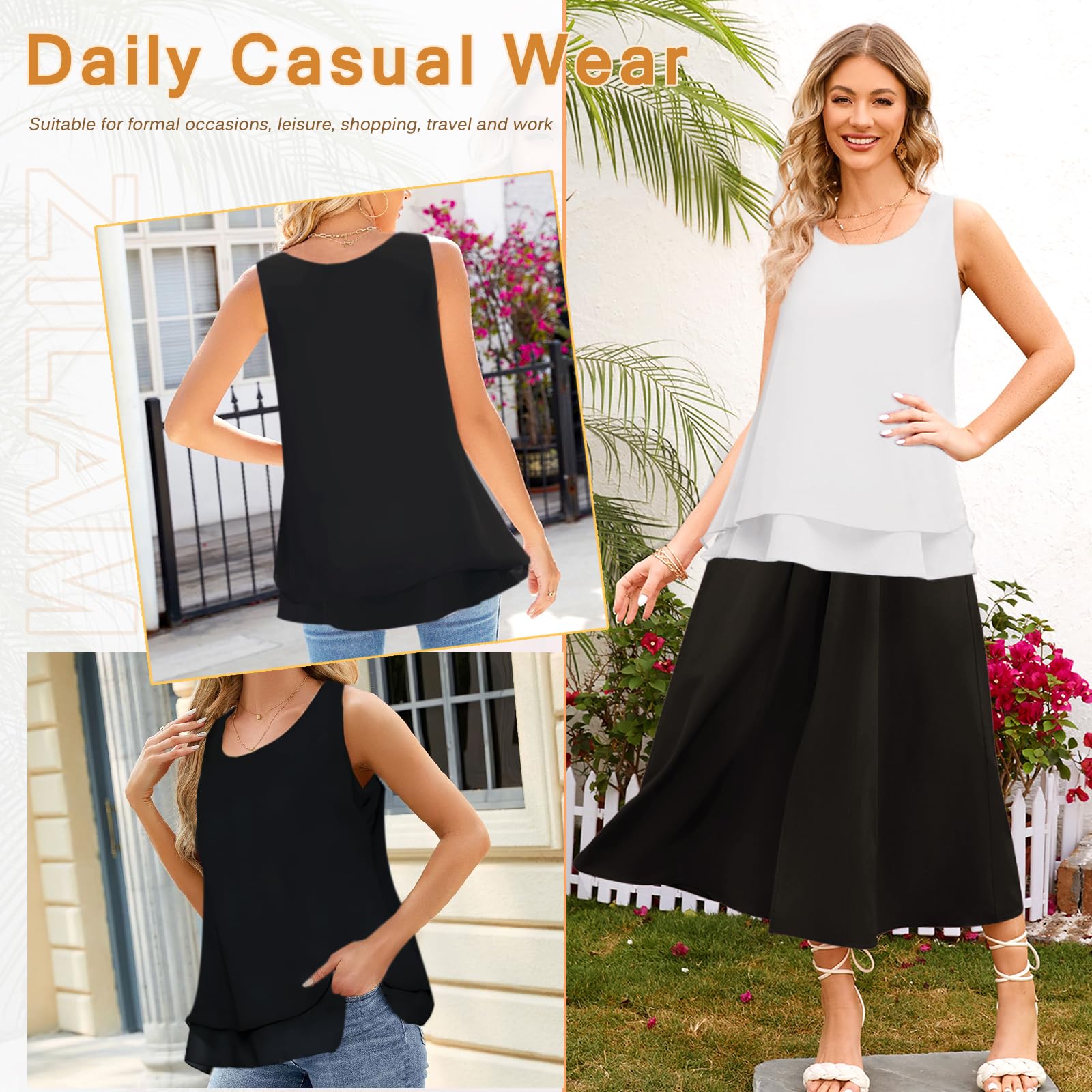 Canotta In Chiffon Donna Famulily | Girocollo Senza Maniche Plissettata | Leggera E Traspirante Per L'Estate