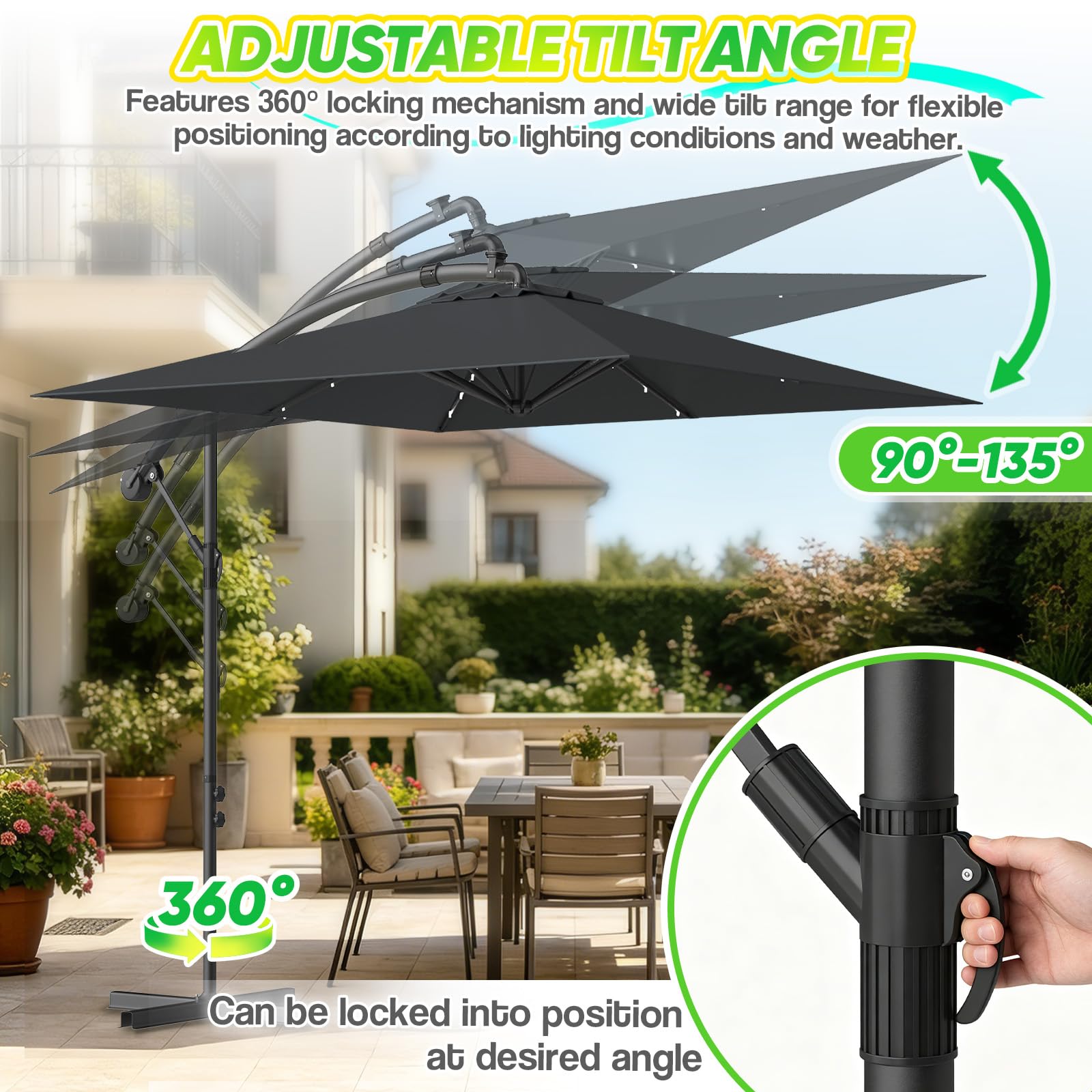 Verdego Sonnenschirm mit Ständer, Ampelschirm Rechteckig Ø350cm, Gartenschirm mit Kurbel, Schutzhülle, UV-Schutz Windfest Wasserabweisend Aluminium, Marktschirm, 360° Drehbar