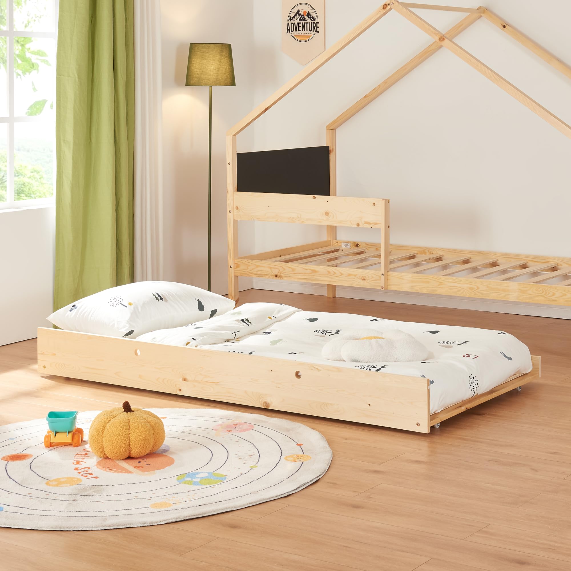 [en.​casa] Letto Casetta Doppio Posto per Cameretta Bambini con Secondo Letto Estraibile Posti Letto a 90 x 200 cm Struttura in Legno di Pino Naturale