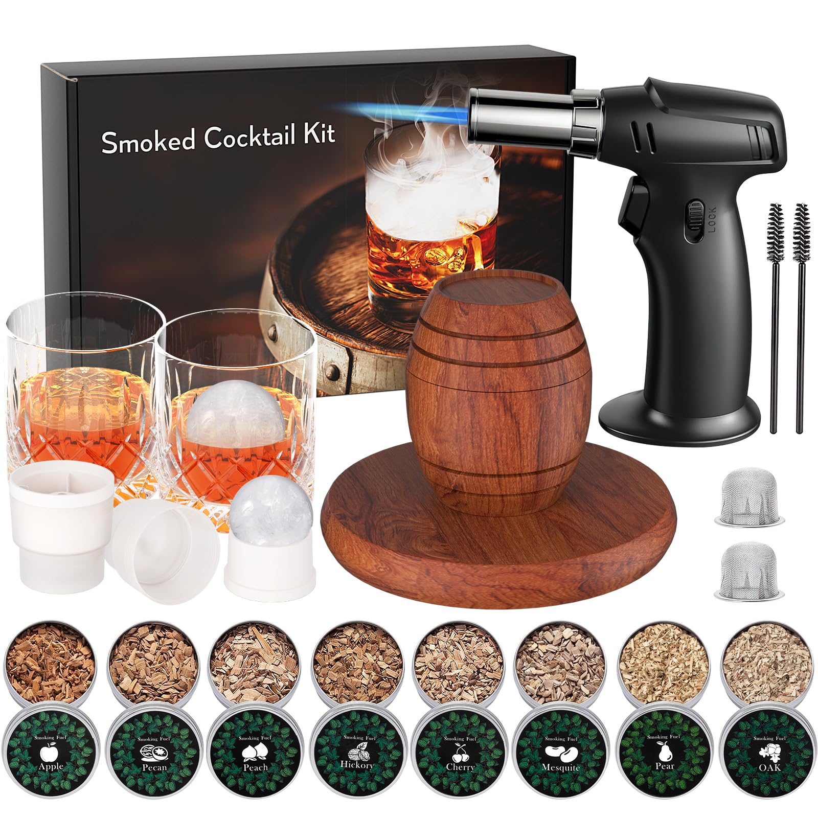Elevate Your Whiskey Experience: Whiskey Smoker Kit with Torch, 8 Flavors Wood Chips, 2 Glasses & Ice Molds