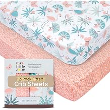 100% Cotton Crib Fitted Sheet Flamingo - Breathable Toddler Bed Sheet Set - Jungle Leaves 28x52 with 8" Deep Pocket, White Pink 2 Pack