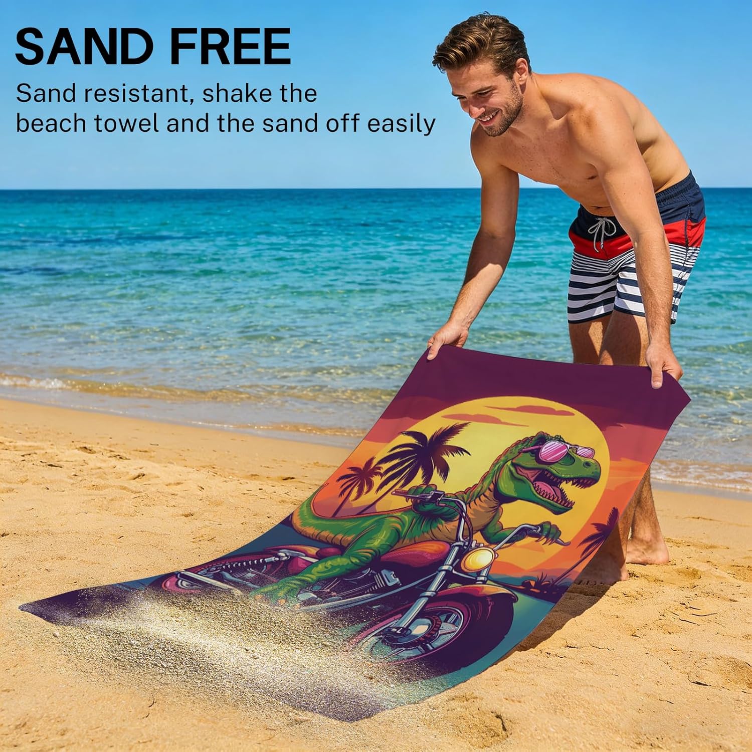 Dinosaur Beach Towel, Funny Green Dinosaur Riding A Motorcycle Towel for Boys Kids Adults, Microfiber Dino Motocross Palm Tree Sunset Swim/Pool/Travel Towels, Quick Dry Oversized 32x52