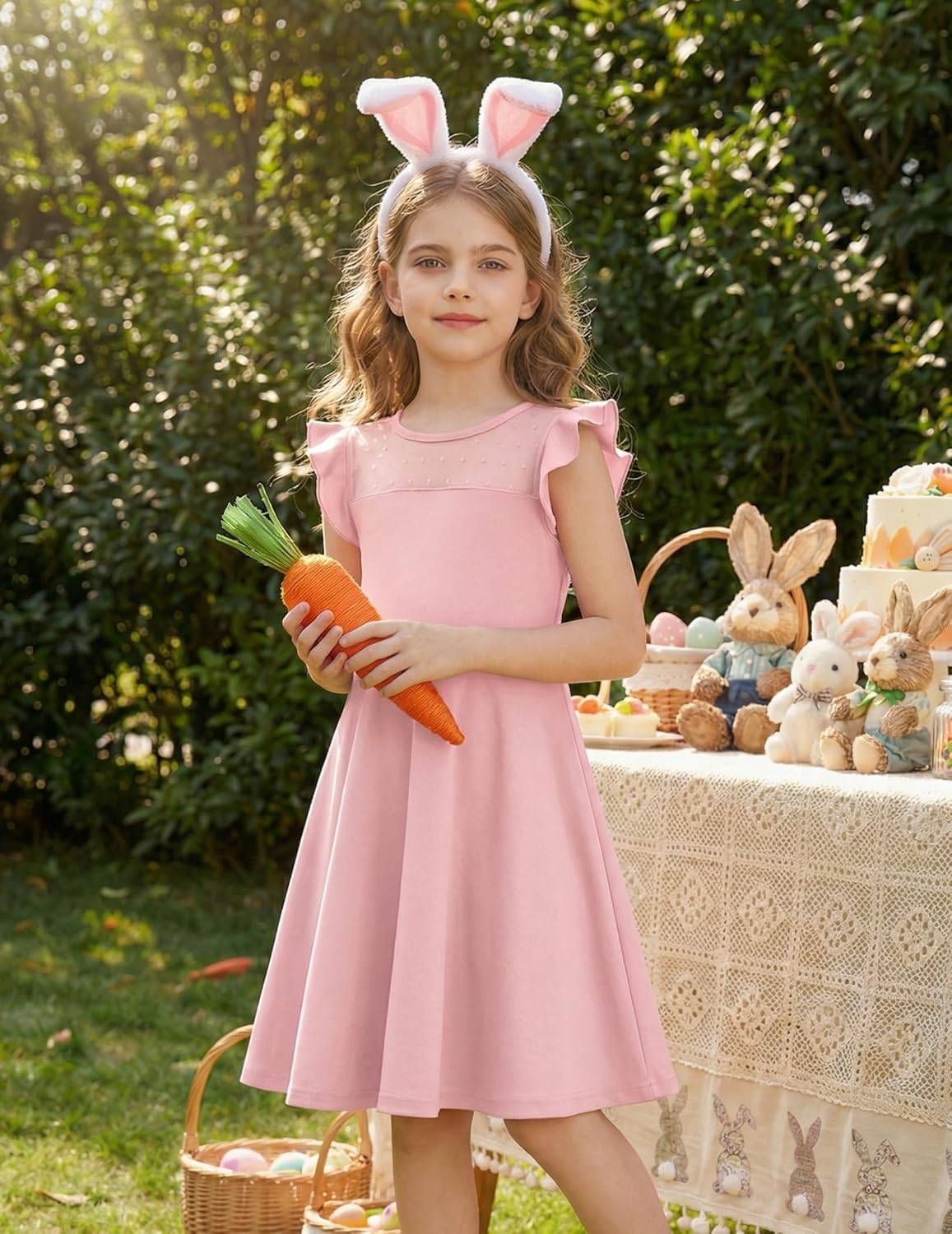 Flypigs Girls Dresses Summer Formal Party Wedding Ruffle Sleeve Mesh Knee Length A Line Dress with Pockets