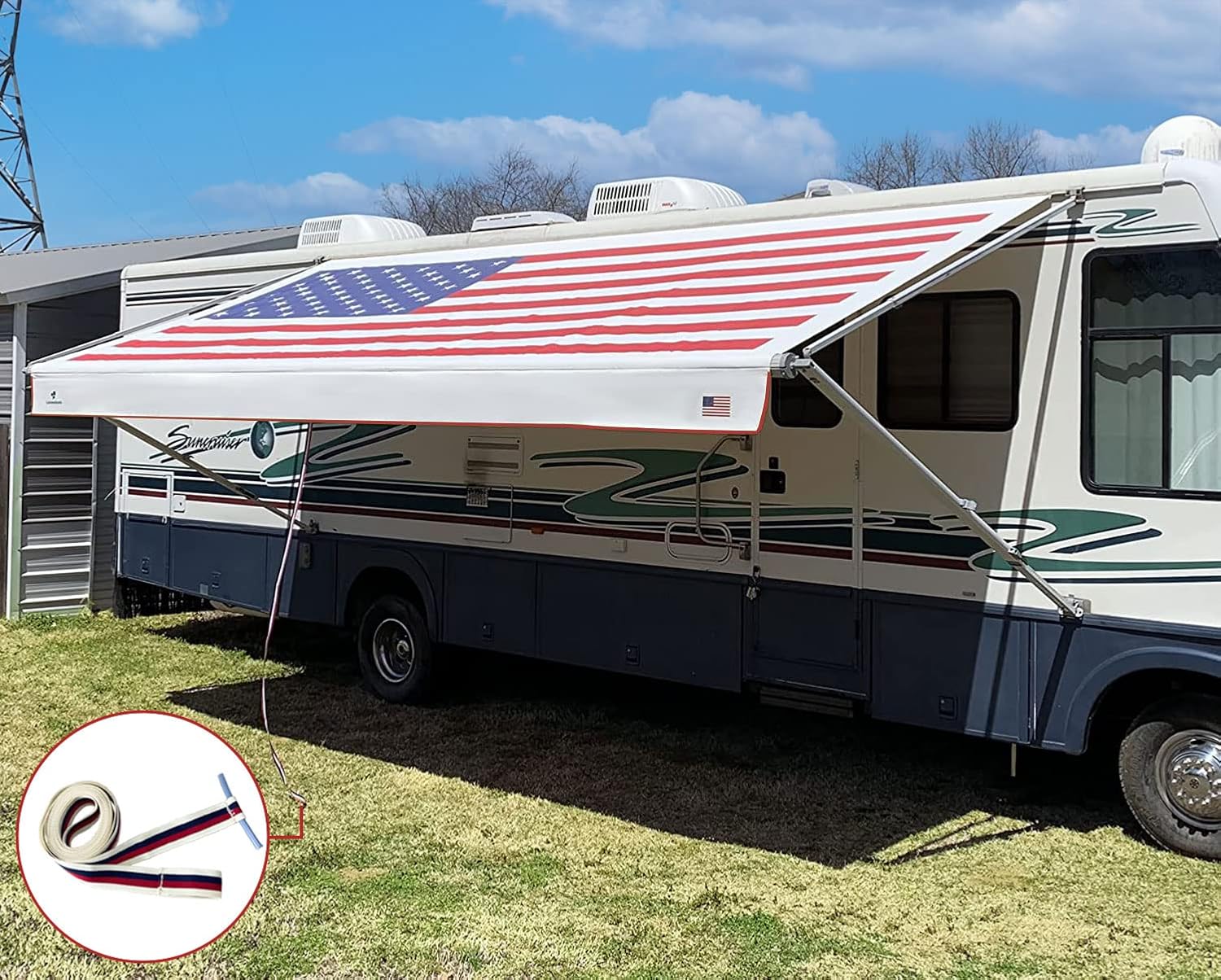 Tentproinc RV Awning Fabric Replacement 12'3''(Fit for 13' Awning) Camper Trailer Awning Fabric Super Heavy Vinyl Coated Polyester -USA Flag (Custom Look) Innovated 5 Year Weathering