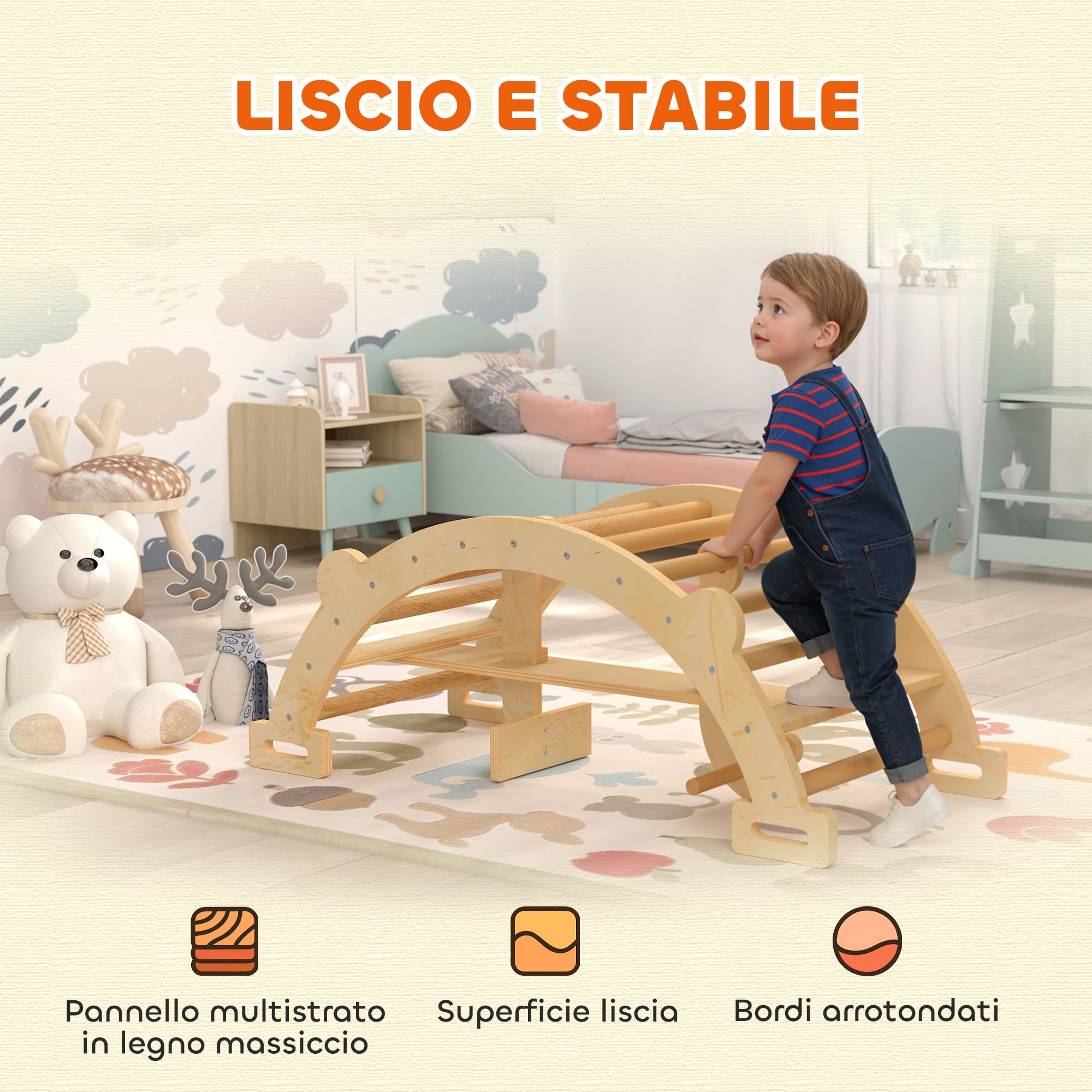 AIYAPLAY Arco Montessori per Bambini 2-4 Anni Convertibile in Dondolo, Gioco Arrampicata in Legno, 110x52x45 cm, color Legno