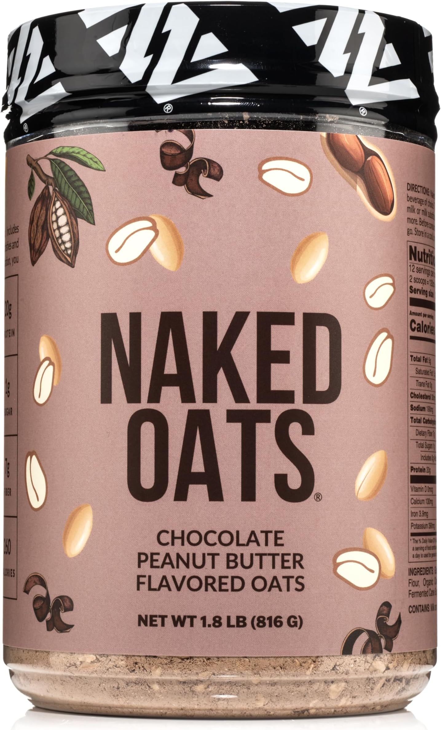 Oats - Chocolate PB Overnight Oats, 20g Grass-Fed Protein, Gluten-Free Oatmeal Instant Breakfast or Shake, High Protein Oatmeal, High Fiber Breakfast Shake, Non GMO, No Soy - 12 Servings