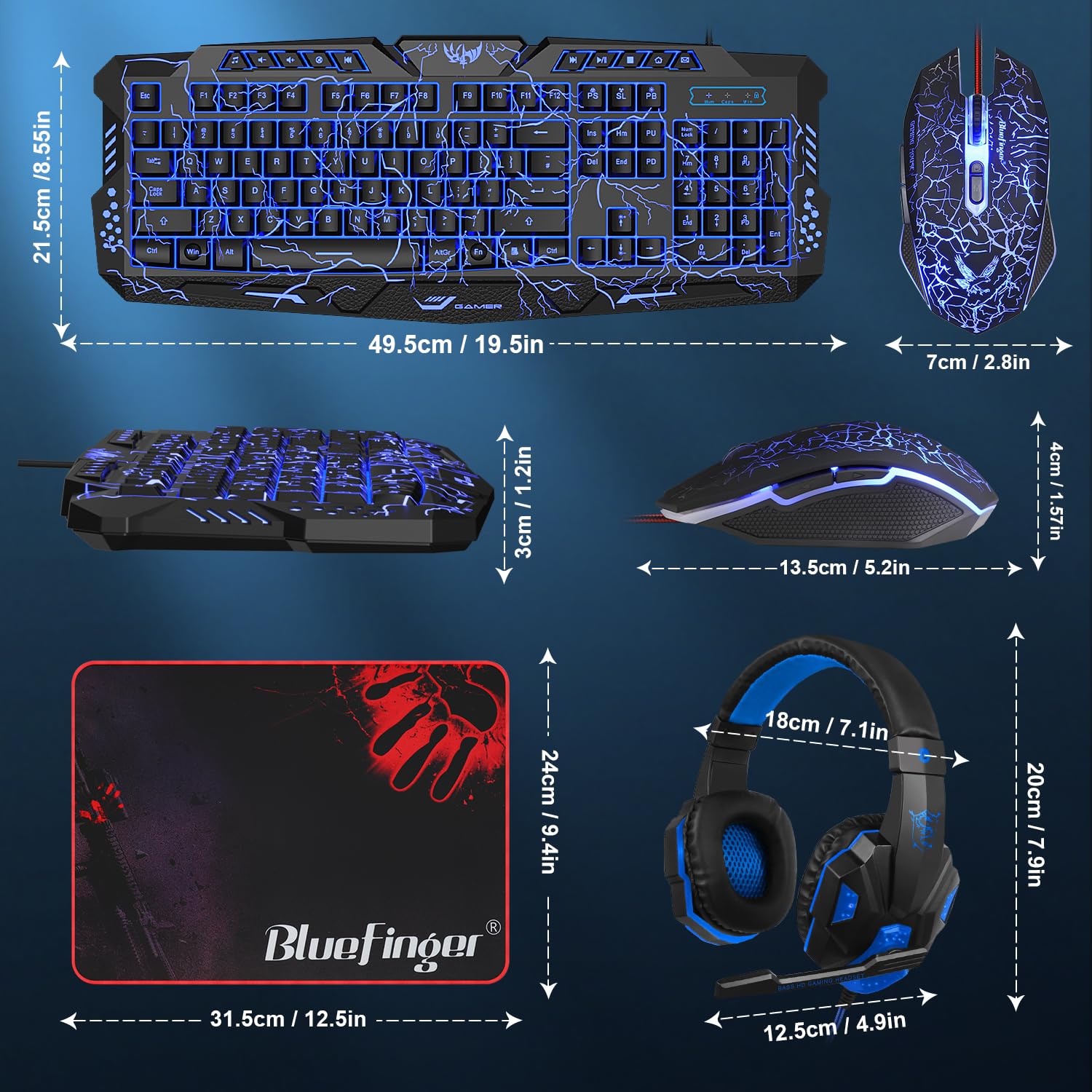 BlueFinger Tastiera da gioco retroilluminata, mouse e cuffie a LED, con cavo USB, retroilluminato a 3 colori, con luce LED blu, set per lavoro e gioco