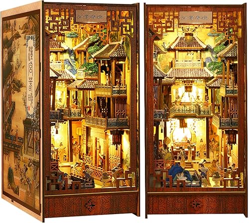 Roroom Kit de rincón de libros de bricolaje, casa de muñecas de bricolaje, estantería de biblioteca, callejón de decoración, con rompecabezas de