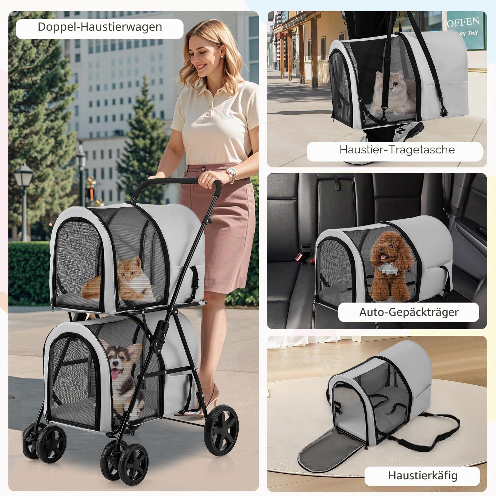 GYMAX 2 Etagen Hundebuggy, Katzenwagen für 2 Katzen/Hunde, Hundewagen mit 2 abnehmbaren Hundebox, Netzgewebe & 360° Drehrädern, faltbar Haustierwagen bis 16kg (Grau)