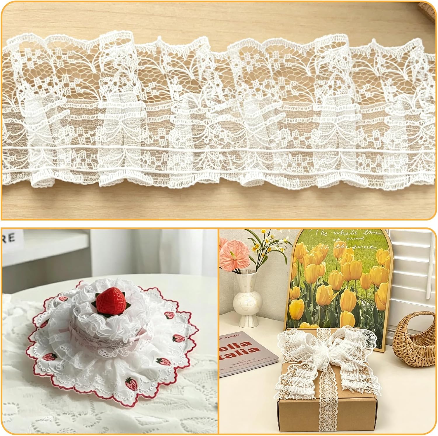 White Lace Ruffle Trim-1.77 Inch Width 5.5-Yard Lace Ribbon,Gift Wrapping, Dress Decoration, Wedding Decoration, Sewing Crafts
