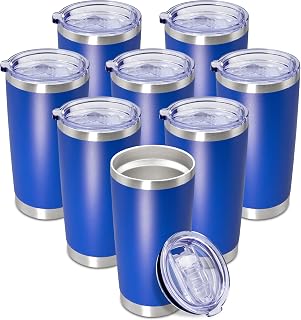20oz Tumbler Insulated Coffee Tumblers with Lid Stainless Steel DarkBlue 8P | 20 oz Tumblers Double Wall Insulated Vacuum 20oz Coffee Mug Leak Proof Tumblers with Lid Powder Coated - Dark Blue 8 Pack