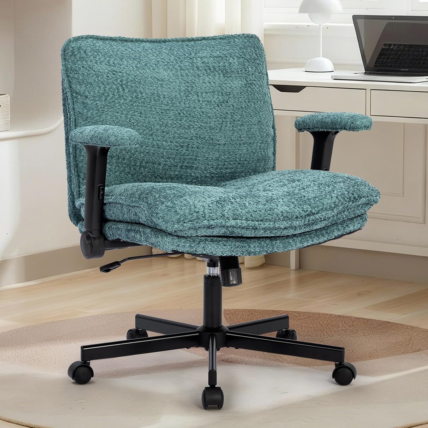 Kassipo Criss Cross Legged Office Chair with Wheels and Flip-Up Arms, Upholstered Criss Cross Desk Chair, Wide Seat Chairs for Home Office, Vanity, Apartment, Light Green