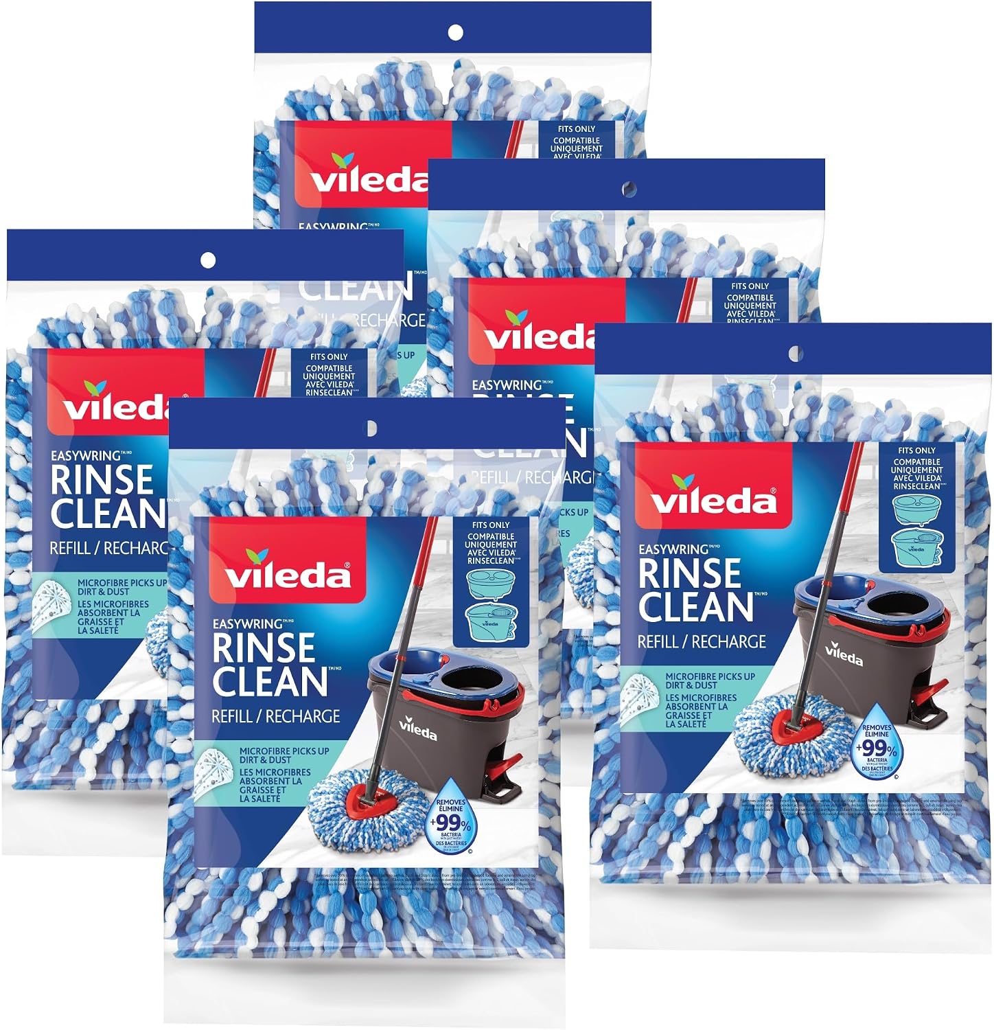 Vileda Genuine EasyWring RinseClean Mop Head Replacement (Pack of 5) | Machine Washable, Reusable Spin Mop Refill | Safe and Effective on All Floor Type