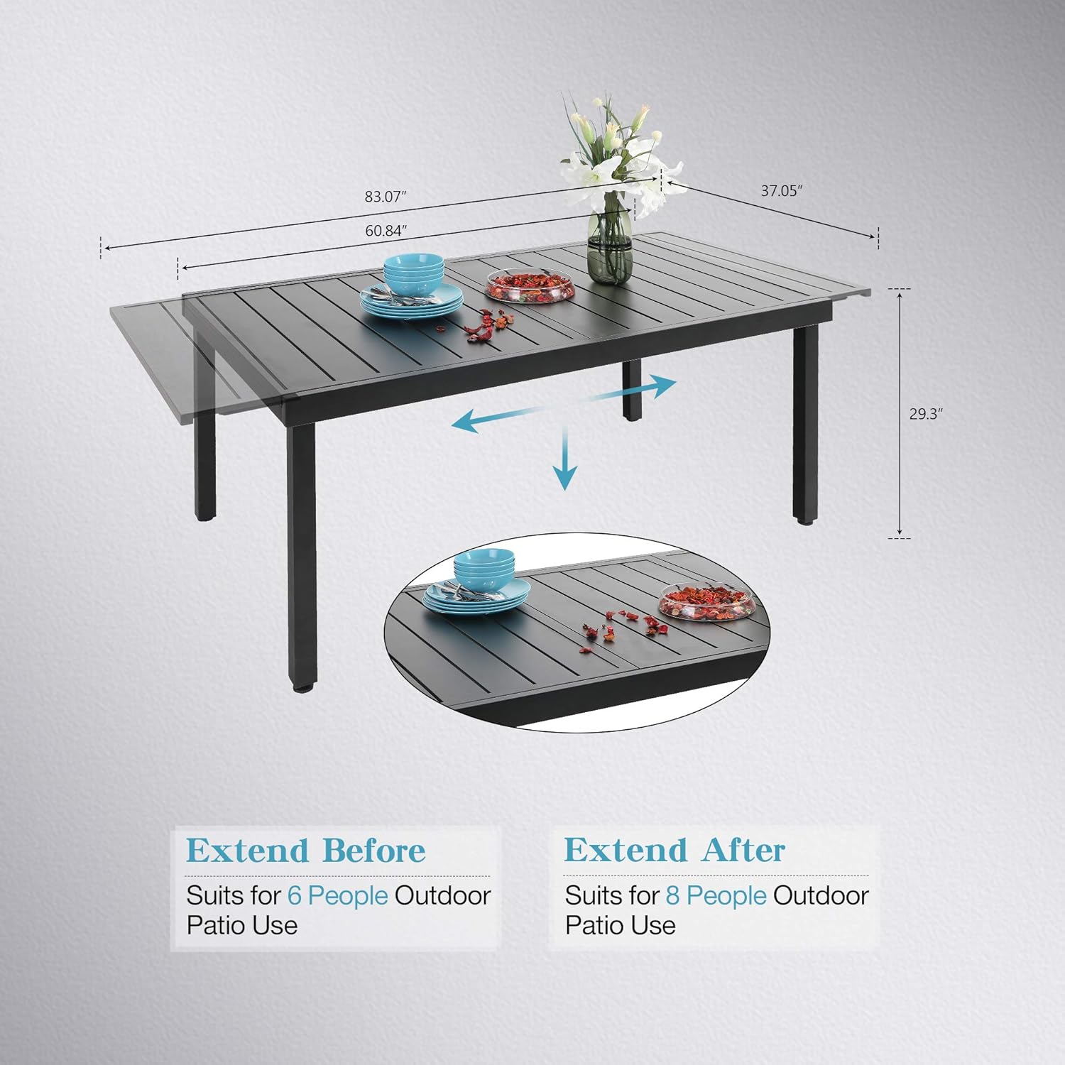 PHI VILLA 7-9 Person Outdoor Expandable Rectangle Outdoor Dining Table, Adjustable Metal Patio Garden Table for Home Kitchen Dining Party Use, Black Metal Frame : Patio, Lawn & Garden