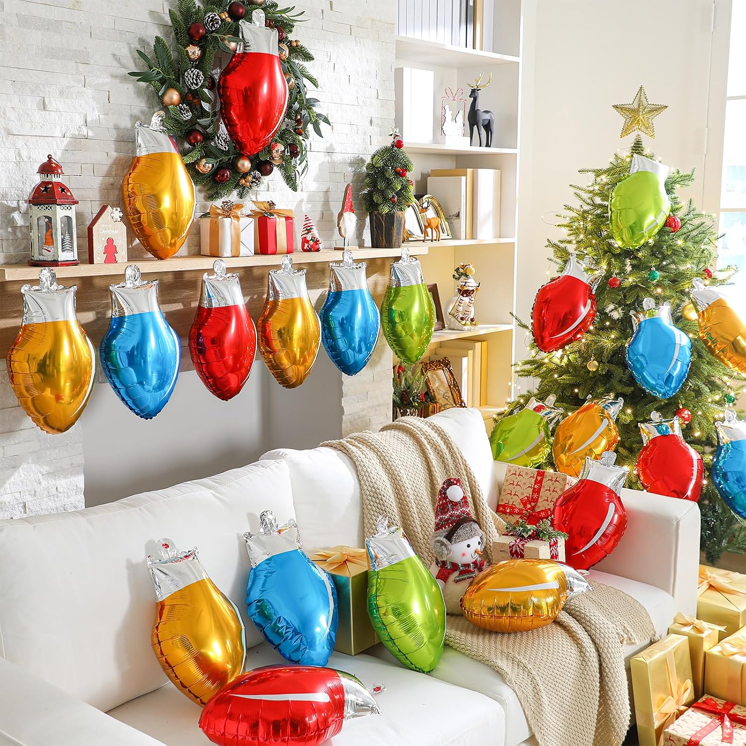 Civaner 60 Large Christmas Light Bulb Balloon Door Decoration 18 x 11.4 Inch Inflatable Christmas Foil Balloons Multicolored Xmas Light Bulb Party Decor and 2 Rolls 98 Feet Nylon Rope