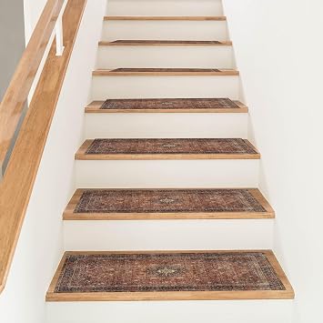 Rug Carpet Stair Treads 8x28 for Wooden Steps Set of 15, Stair Step Runner Rug, Non-Slip Washable Stair Tread Runner Rug, Boho Farmhouse Wood Turkish Stair Rug 15, Color-3